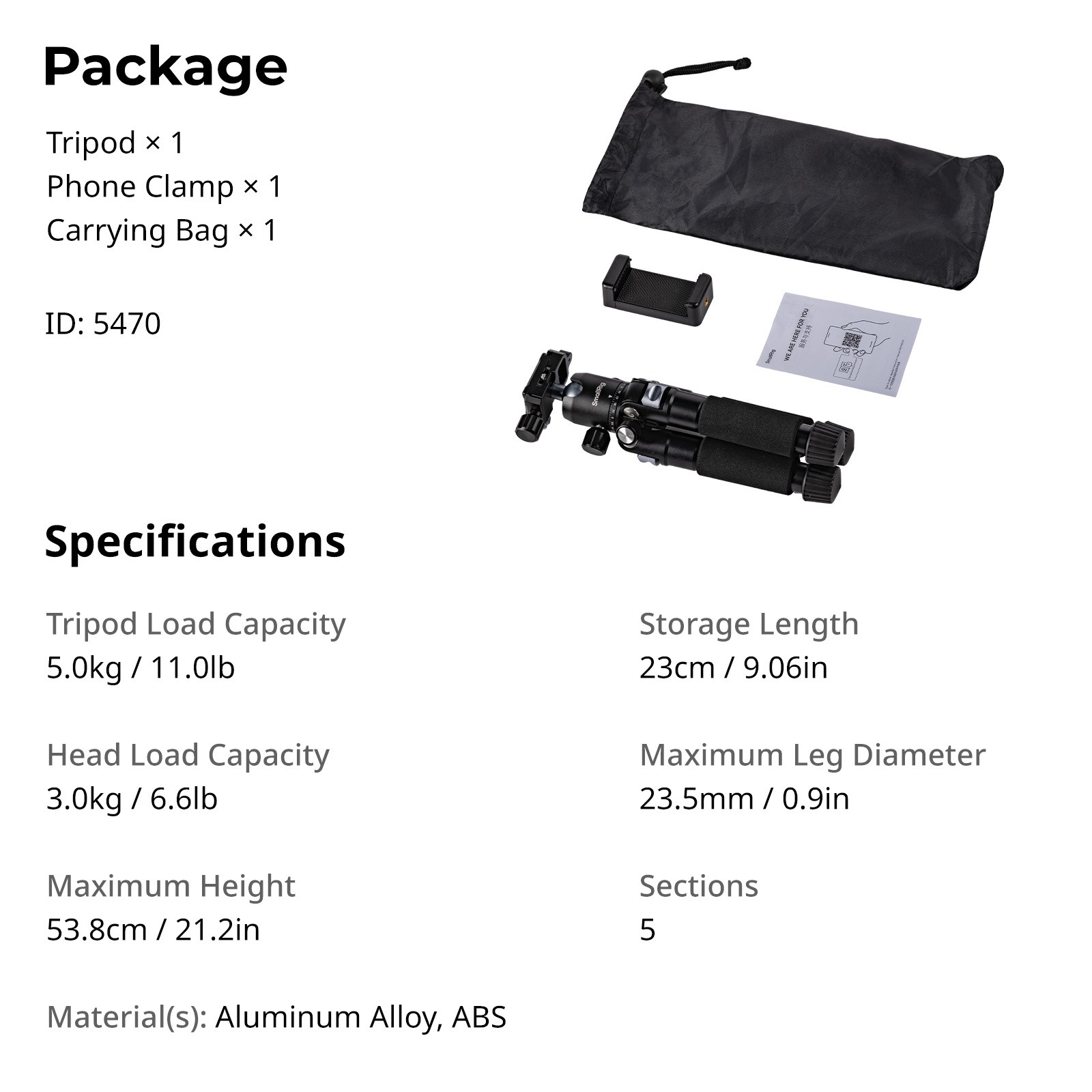 SmallRig VT-20Pro 21.2"/ 53.8cm Mini Tripod for Camera/Phone w/ 360° Ball Head