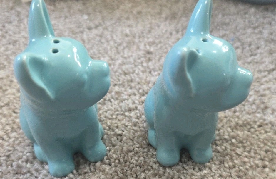 Set of turquoise/teal French Bulldog salt and pepper shakers