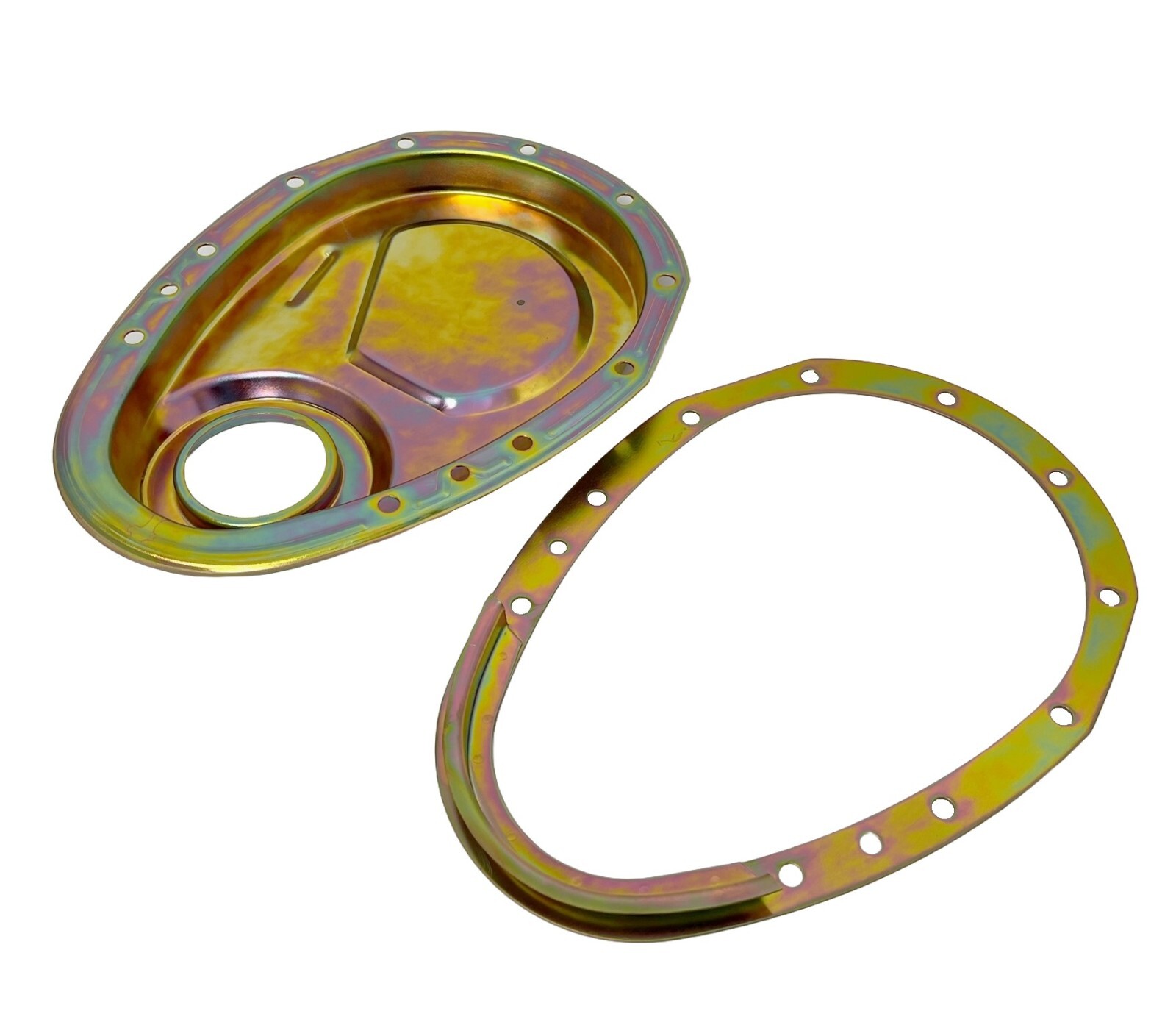 SB Chevy 2 Piece Timing Chain Cover Kit V8 SBC 283 327 350 383 400 V8 Gold Zinc