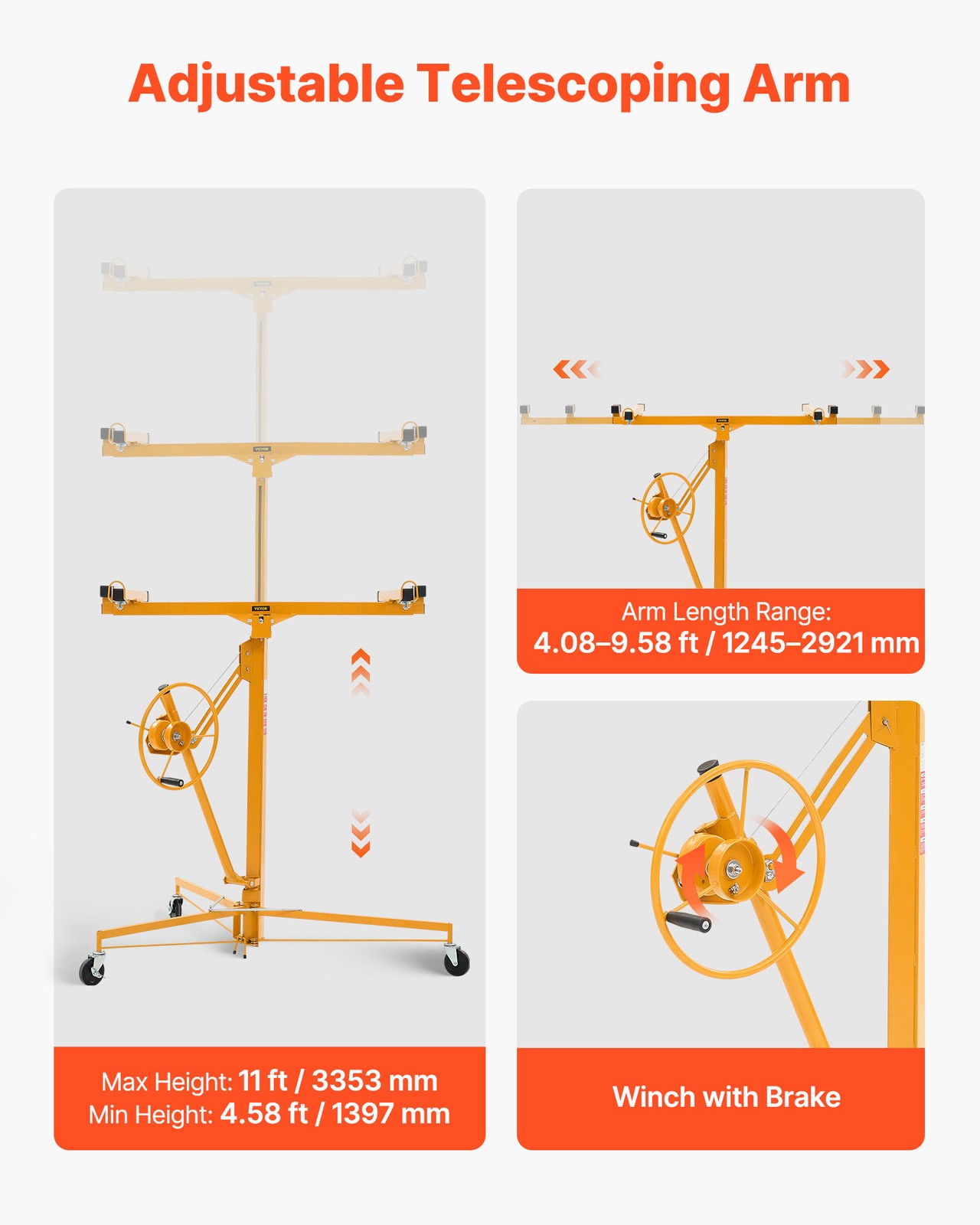 VEVOR 11ft Drywall Lift 150 lbs Sheetrock Hoist Adjustable Arm Lockable Wheels