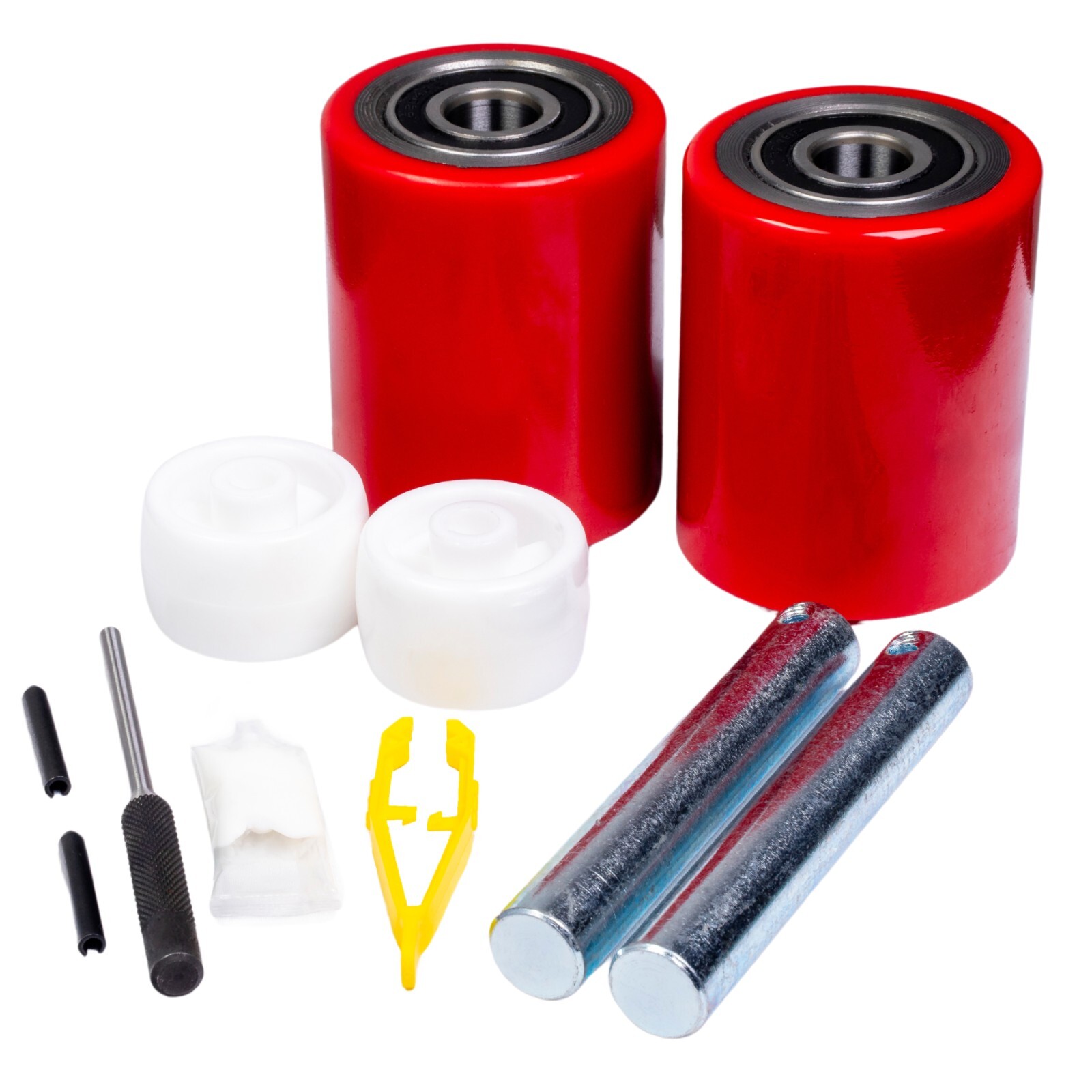 Pallet Jack/Truck Load Wheels Full Set with Axles and Rollers 3" x 3.75" Red