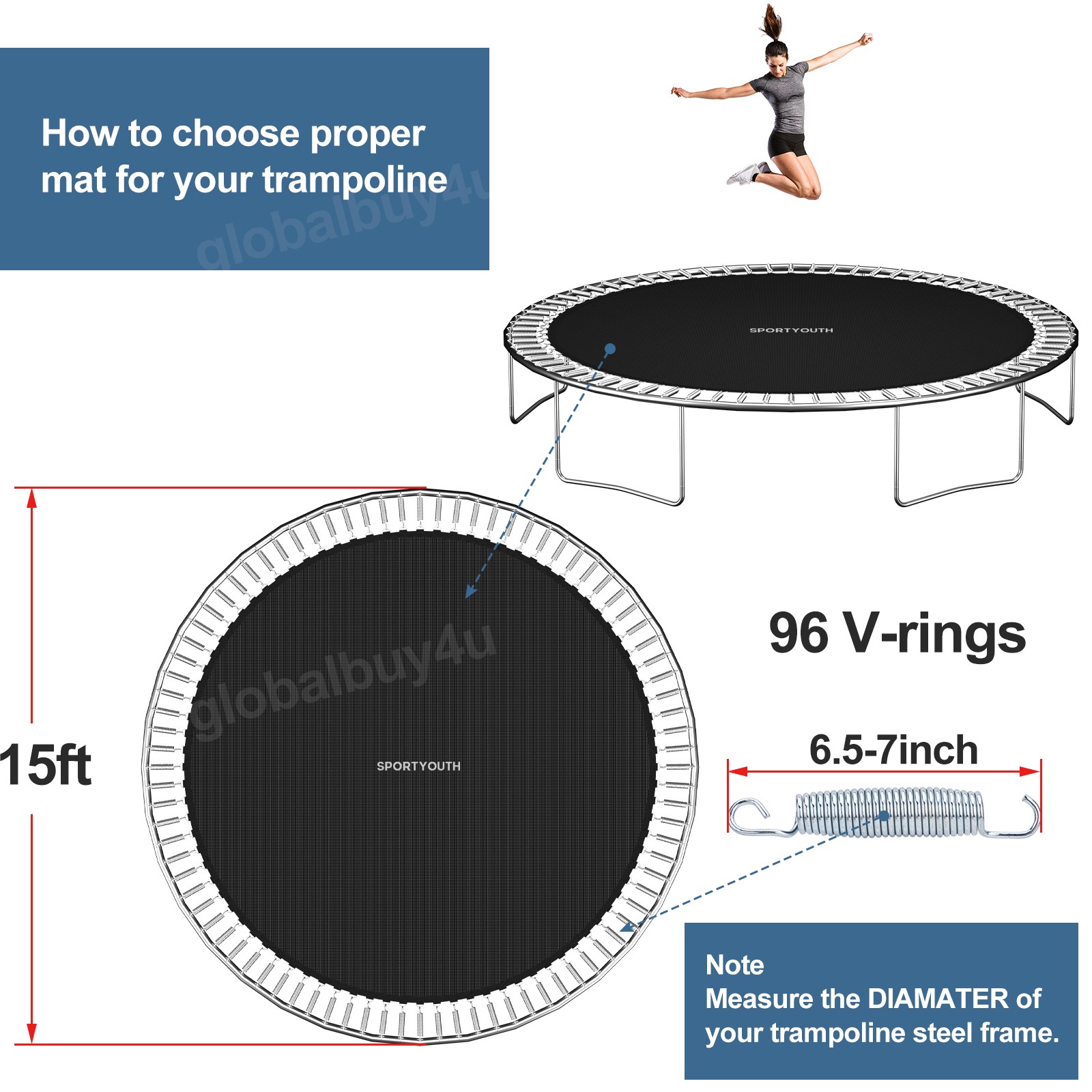 Round Replacement Trampoline Mat Fits 15ft Frame 96 Rings w/ 6.5"-7" Spring Tool