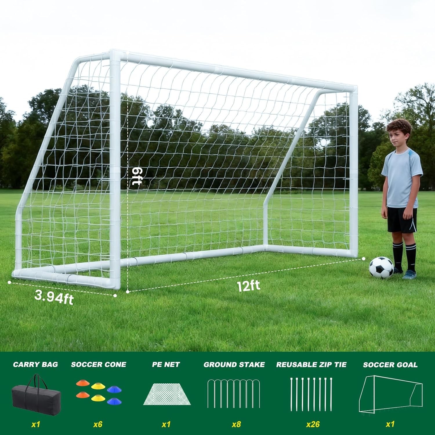 12 x 6' Portable Soccer Goal Net PVC Post Frame Backyard Football Training Set