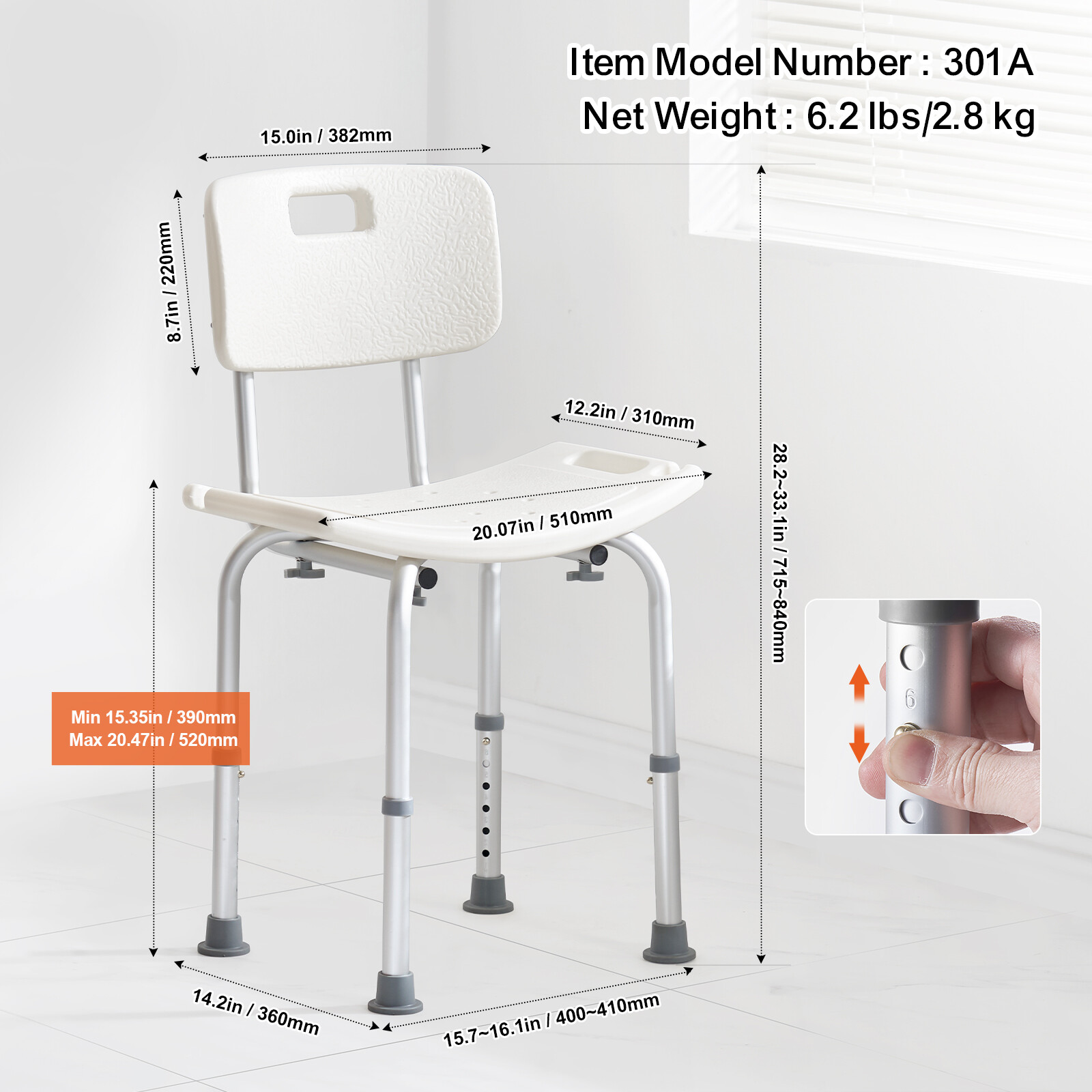 VEVOR Shower Chair Bath Bench with Back Adjustable Height Seat