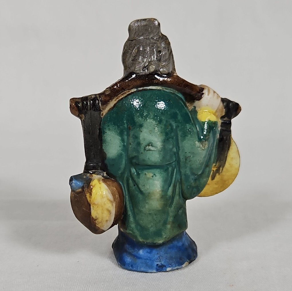 Vintage Japanese Miniature Figurine Yoke Bearing Man Coin Peach Peasant