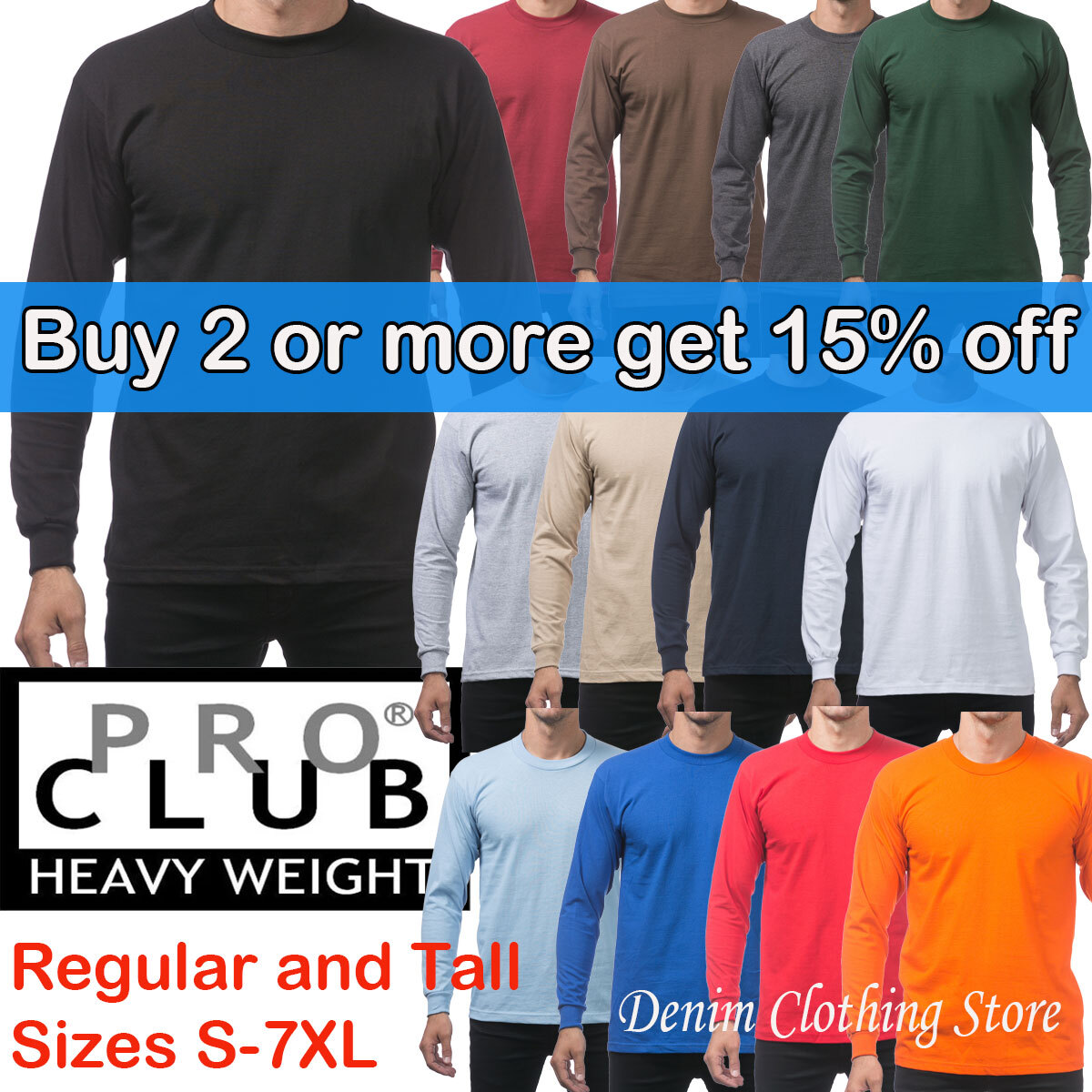 Pro Club Men's Heavyweight Cotton Long Sleeve Crew Neck T-Shirts S~7XL ProClub
