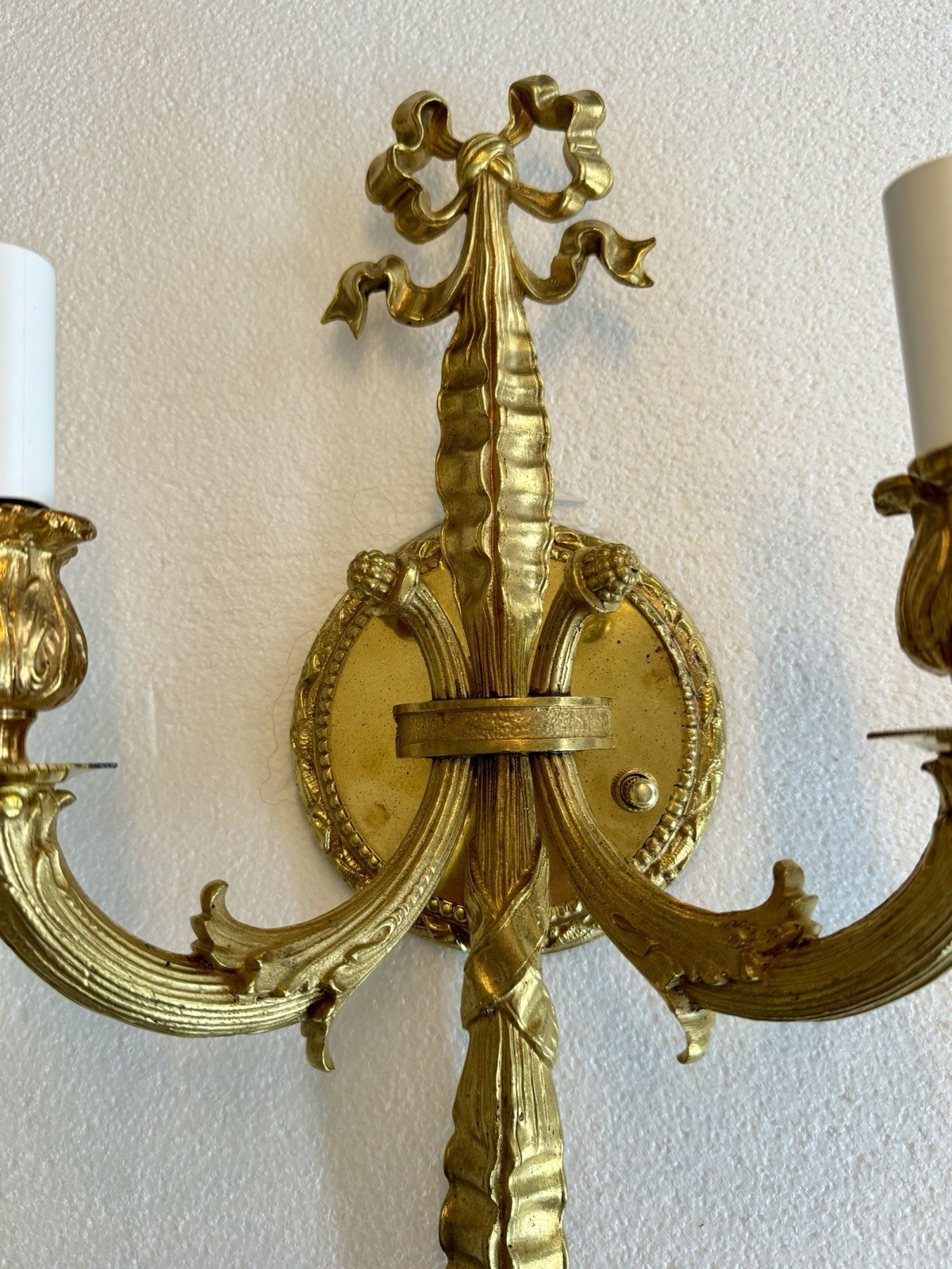 PAIR Antique French Gilt Brass Rope Bow Tassels Wall Sconce Candelabras A1