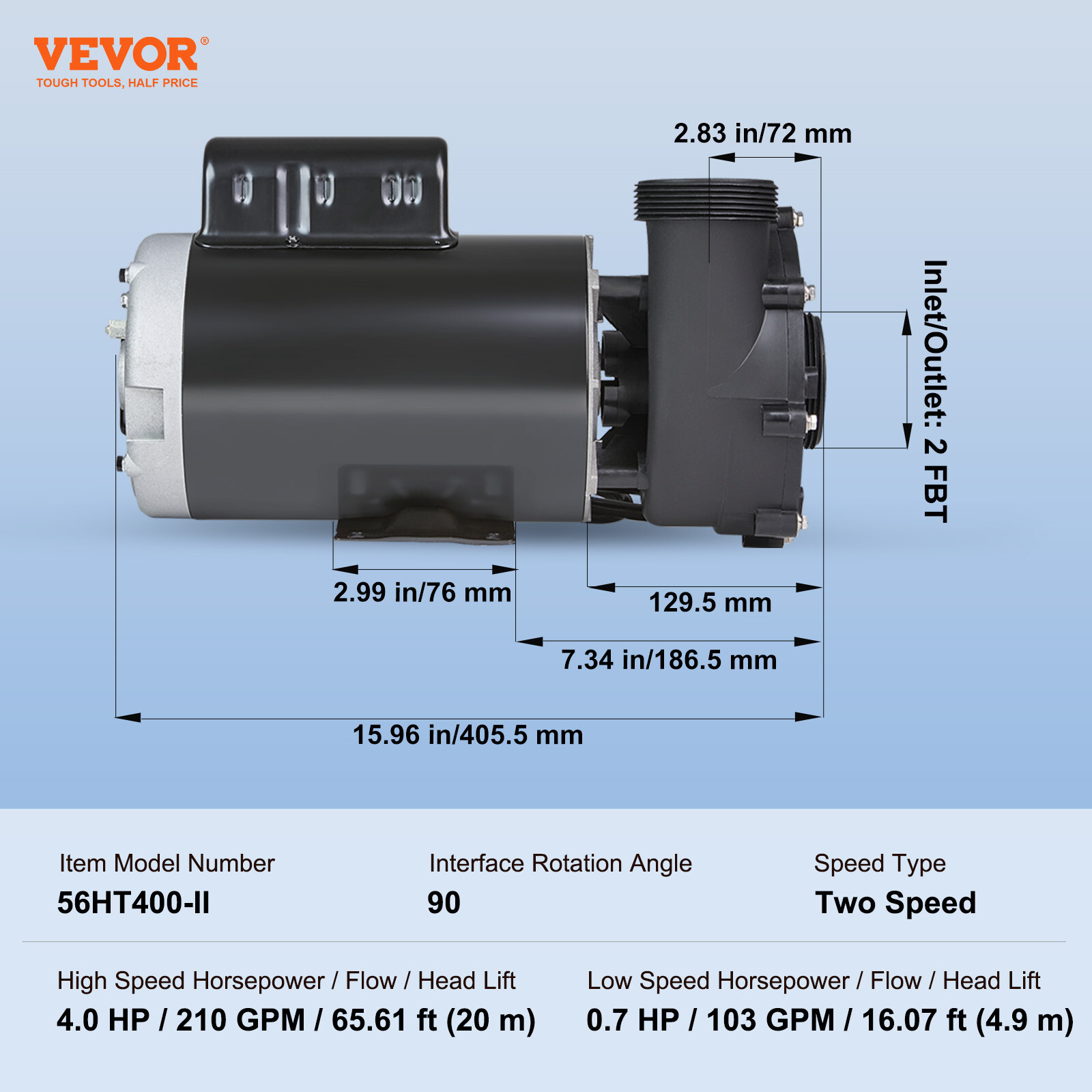 VEVOR 2 Speed SPA Pump 56-Frame Hot Tub Pump 4 HP/210 GPM or 0.7 HP/103 GPM