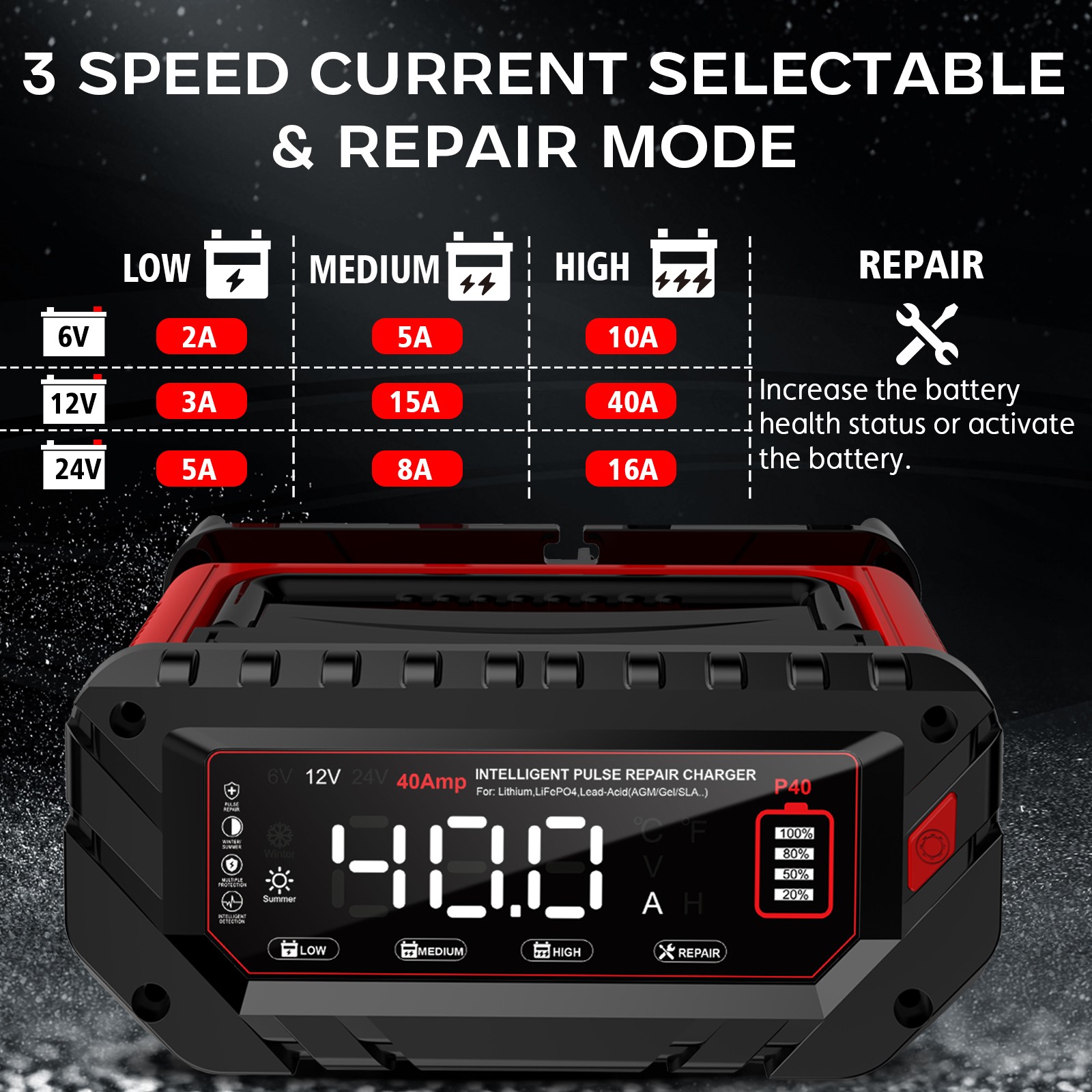 40-Amp Battery Charger, 12V/24V Lead Acid LiFePO4 Smart Battery Trickle Charger