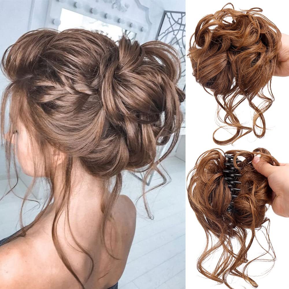 Natural Clip on in Messy Bun Hair Piece Extension Hair Claw Clip Wedding Updo US