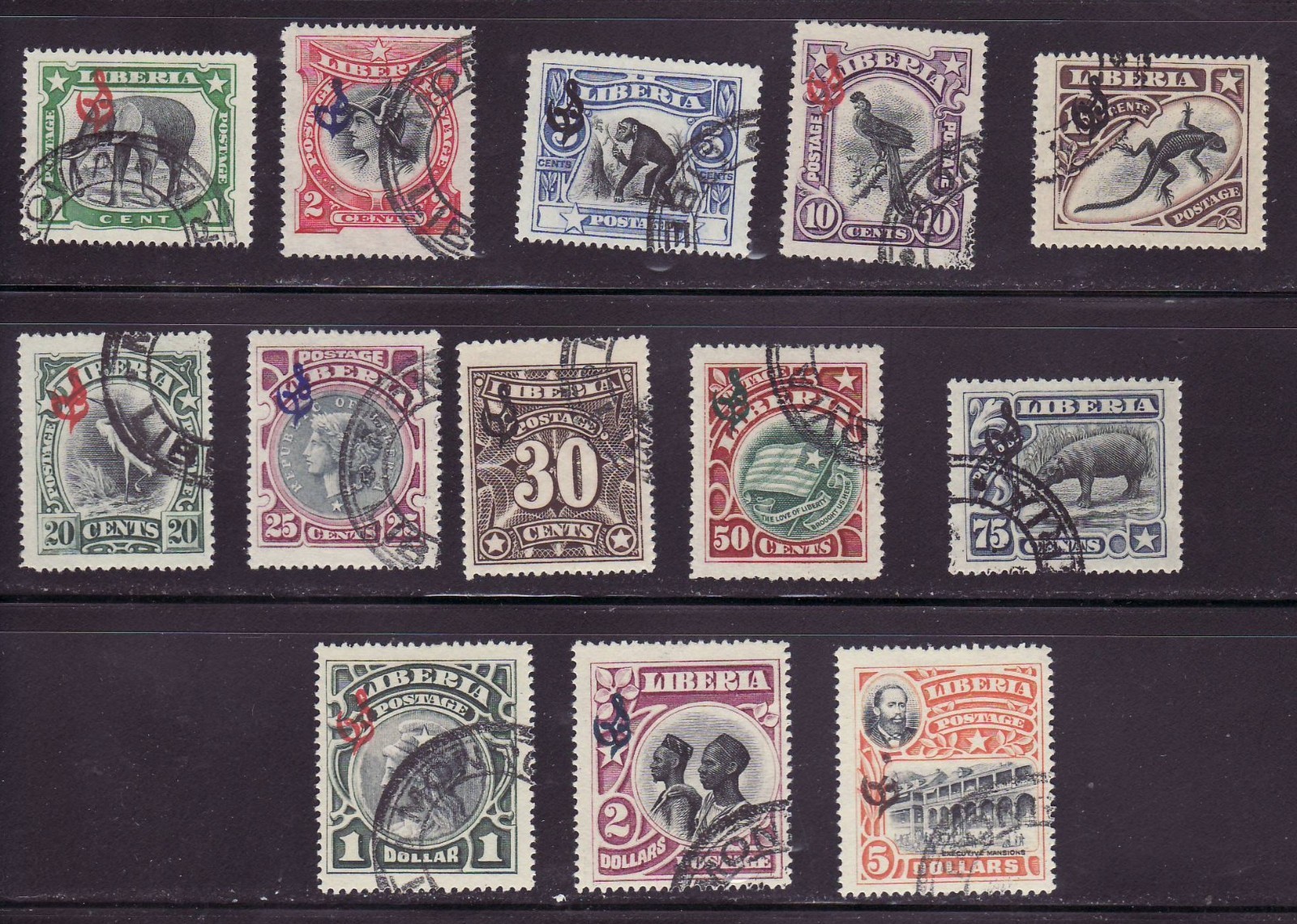 Liberia # O46-58 CTO 1906 Set Elephant, Chimp, Bird, Lizard, Hippo