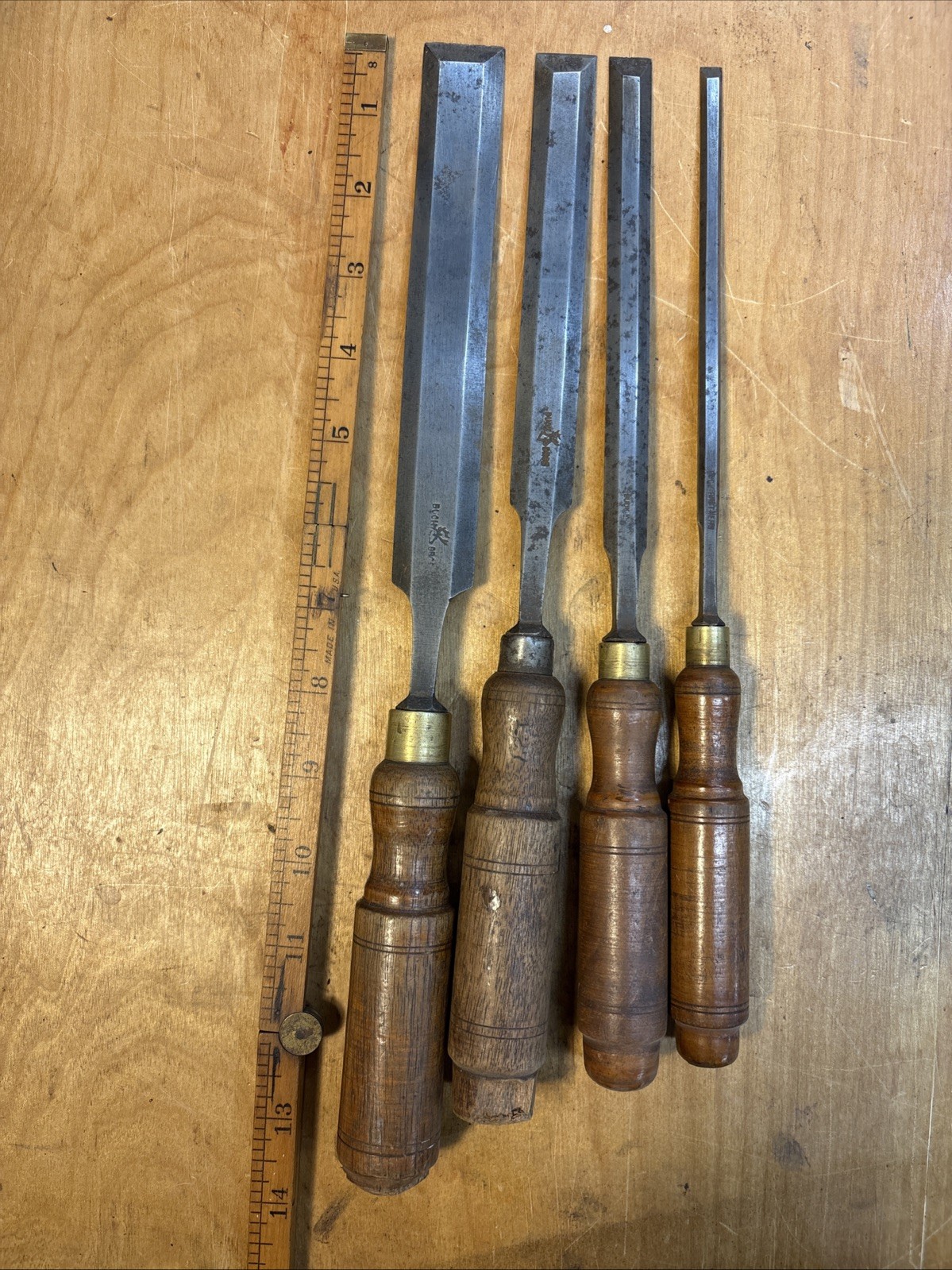 Vintage Set Of 4 Buck Bros Paring Chisel 1”, 3/4”, 1/2”, 1/4” Wide USA Wood