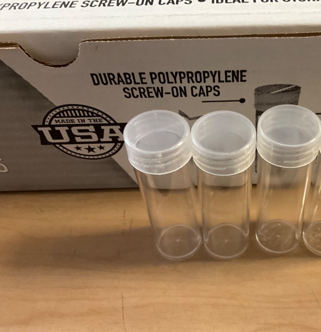 15 New Mixed Round Coin Tubes for 1/2 Doll., Qtr., Dime, Nick., Penn.Made in USA