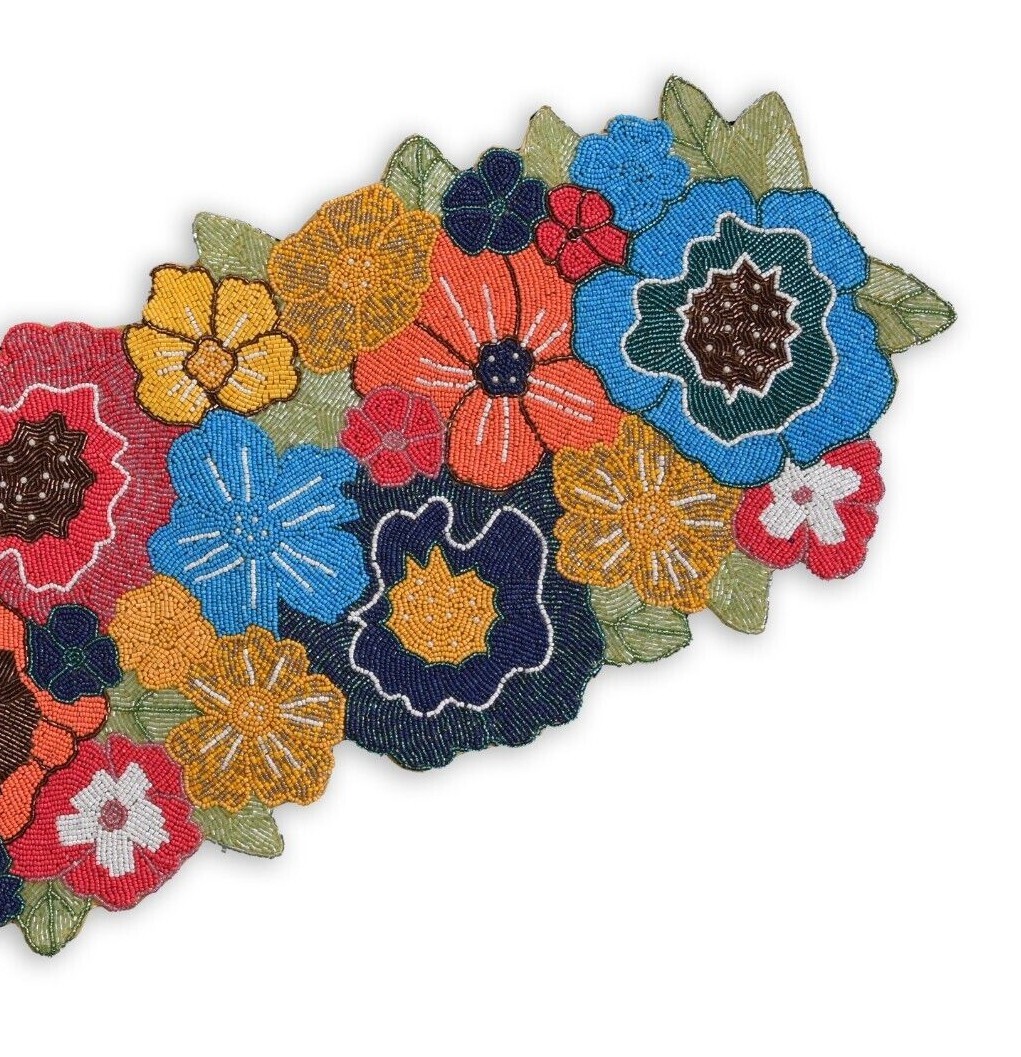 Floral Beaded Table Runner, Multicolor Table Runner, Spring Tableware 13X36 Inch
