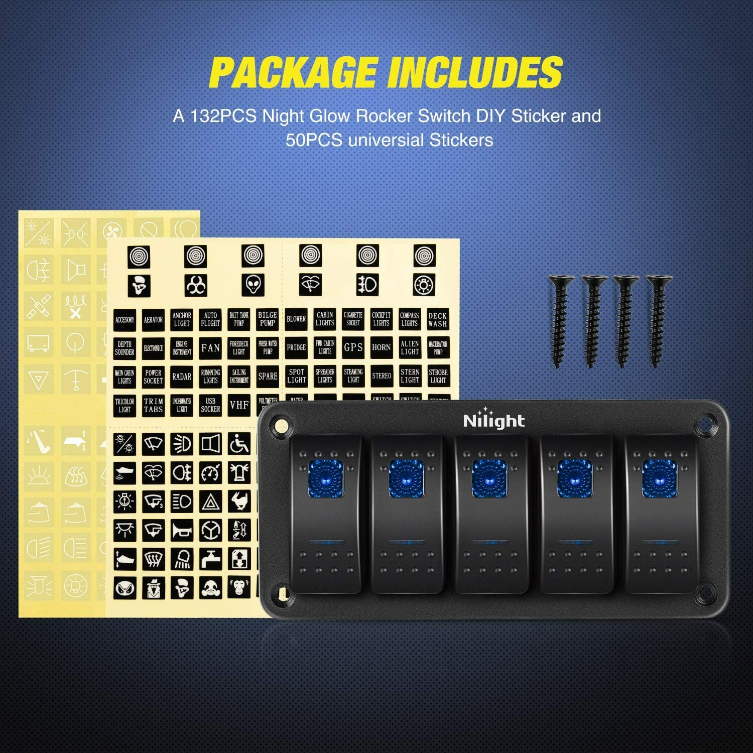 Nilight Aluminum Rocker Switch Panel Toggle Dash 5 Pin for Auto Car Marine Boats