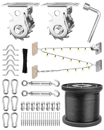String Light Hanging Kit Outdoor 164 Ft Vinyl Coated Cable and Winch 164 Feet