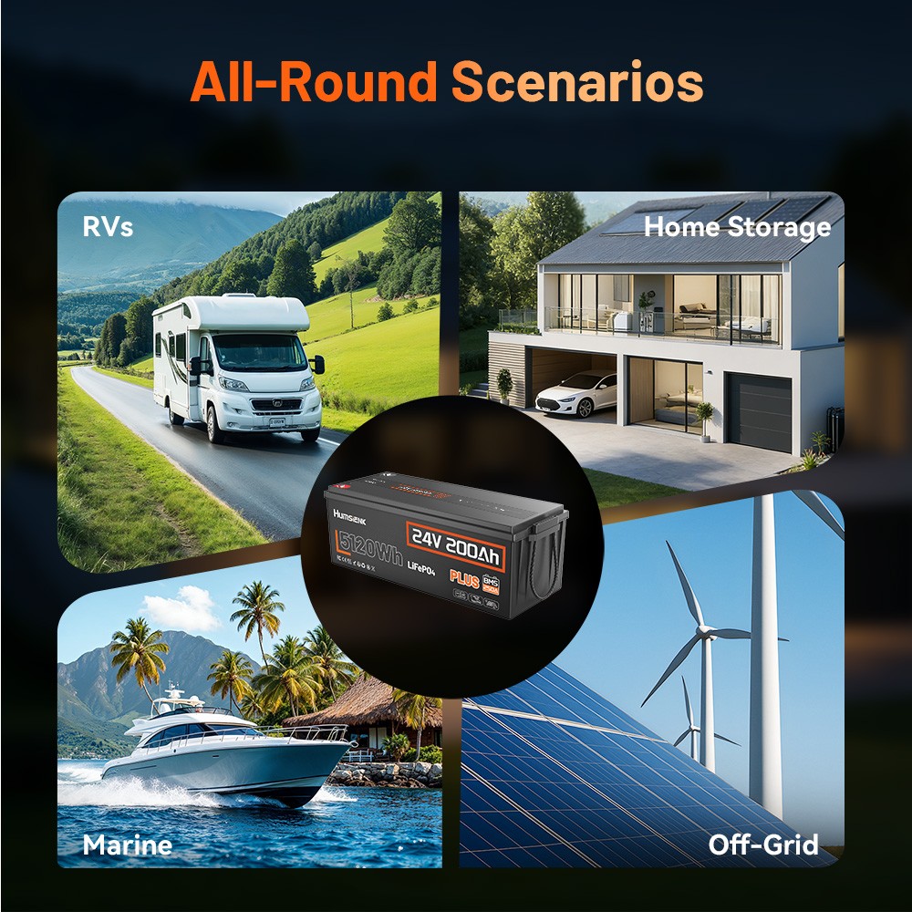 HumSienk 5120Wh 24V 200Ah LiFePO4 Battery 250A Deep Cycle BMS Solar Off-grid