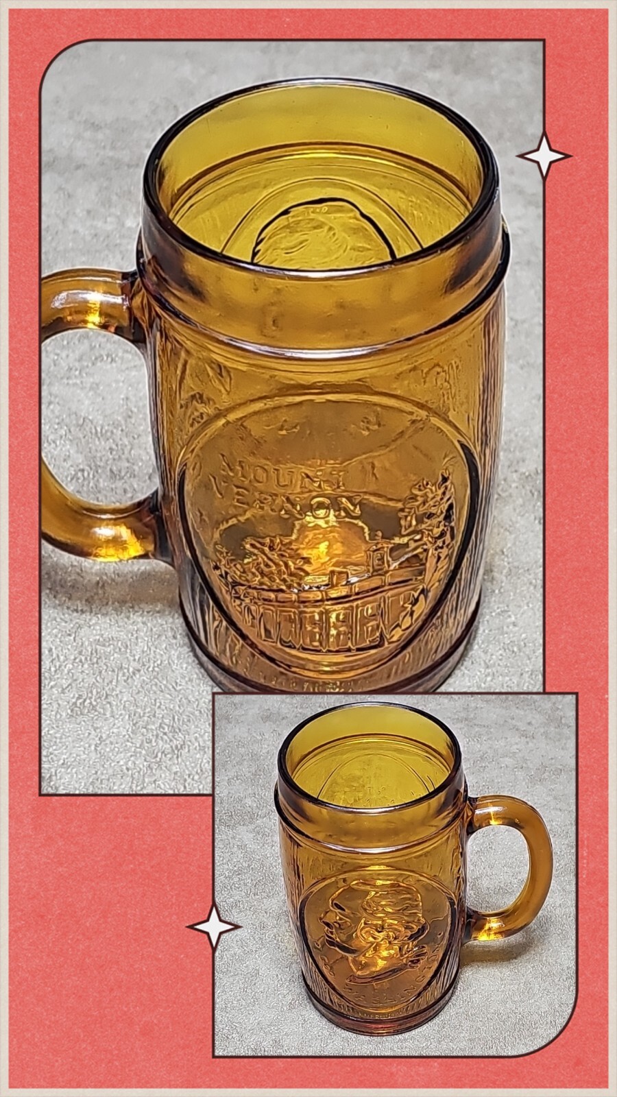 VTG George Washington Mount Vernon Souvenir Amber Glass Beer Mug Stein Barrel Cu