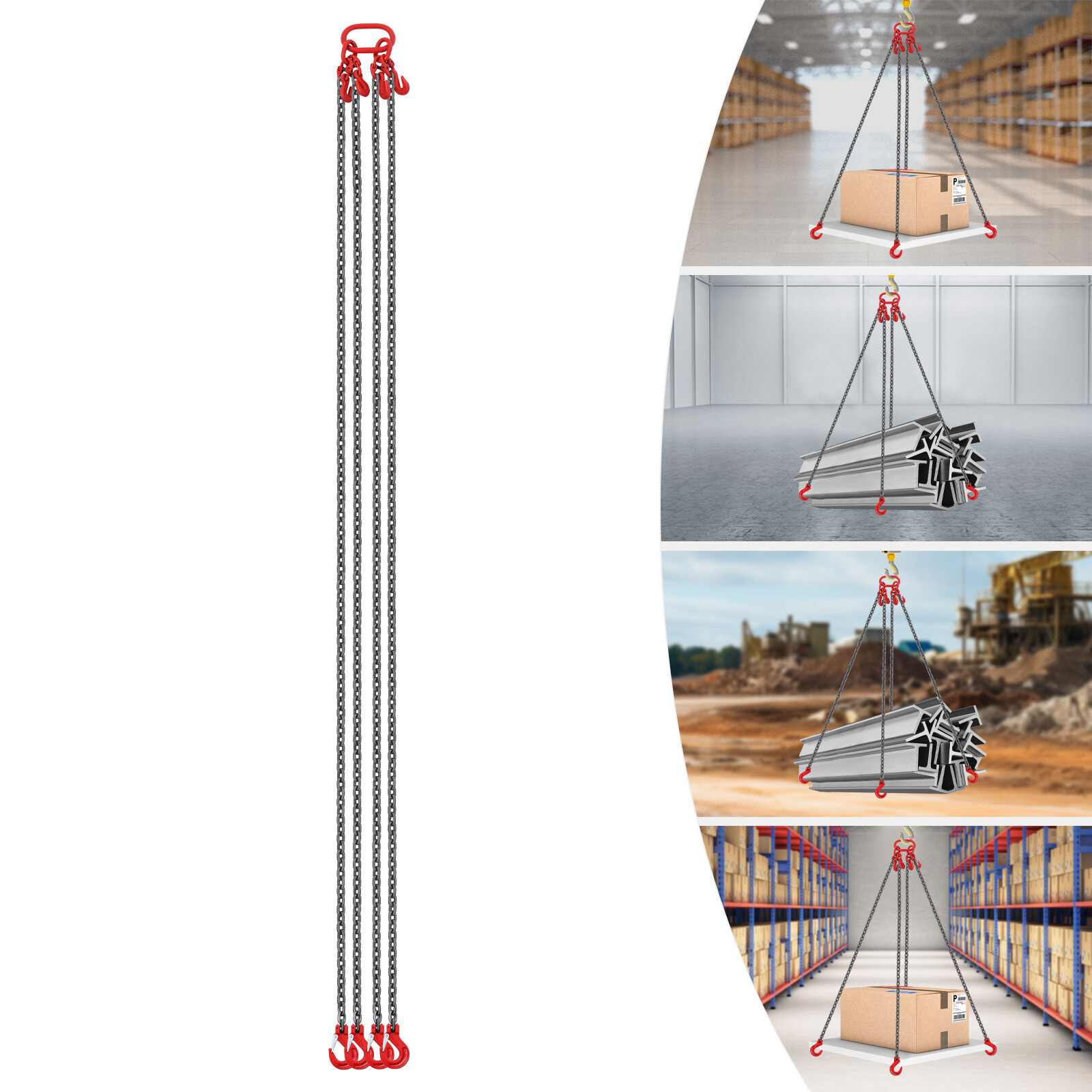 3/8 in x 10ft Chain Sling 4 Legs G80 Lifting Chain With Grab Hooks 22046.23lbs