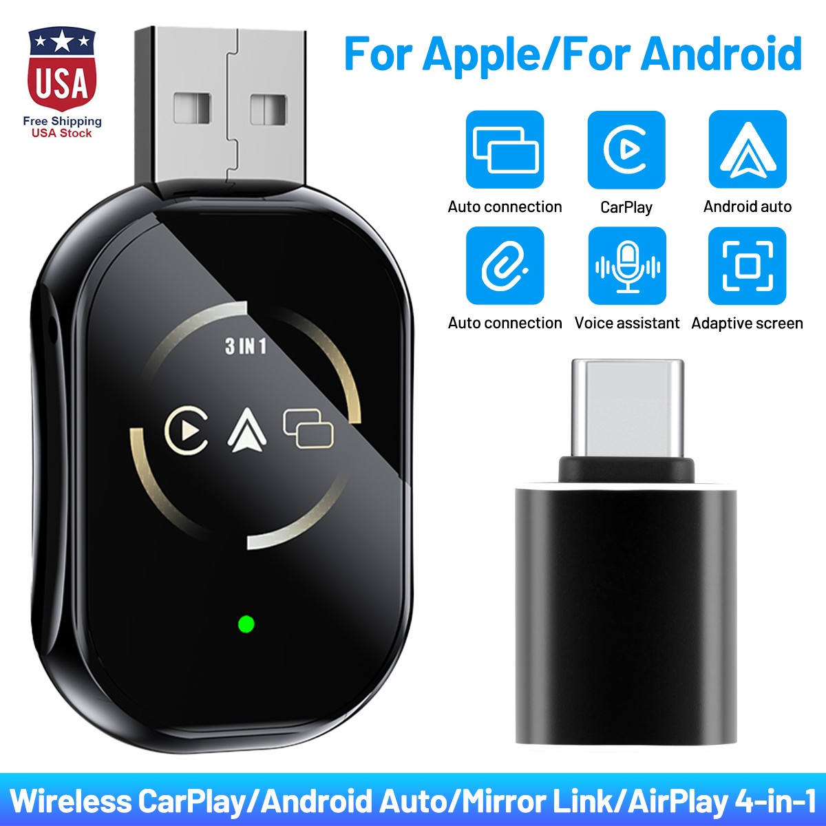 2026 Carplay Adapter Wired to Wireless CarPlay Android Auto Mirror Link 4-IN-1
