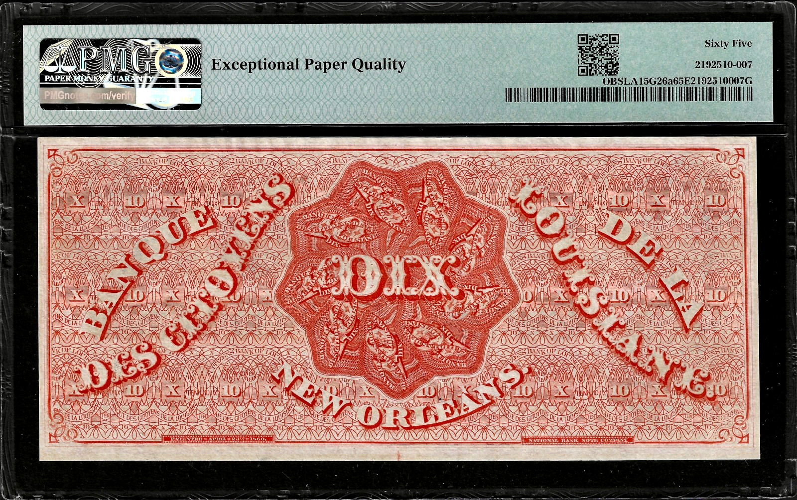 1860’s New Orleans Citizens Bank Louisiana $10 Obsolete “DIX” Banknote PMG 65EPQ