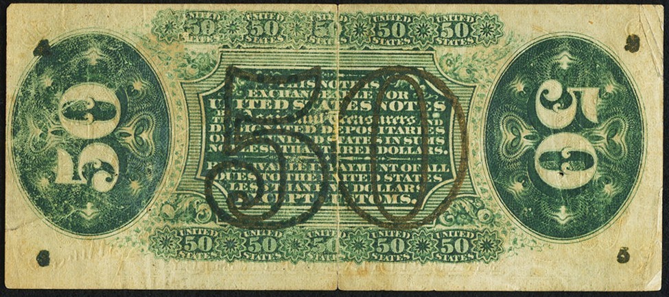 FR 1366 - 50c THIRD ISSUE JUSTICE - WIDE SURCHARGE "A-2-6-5" - F/VF - EDGE TEARS