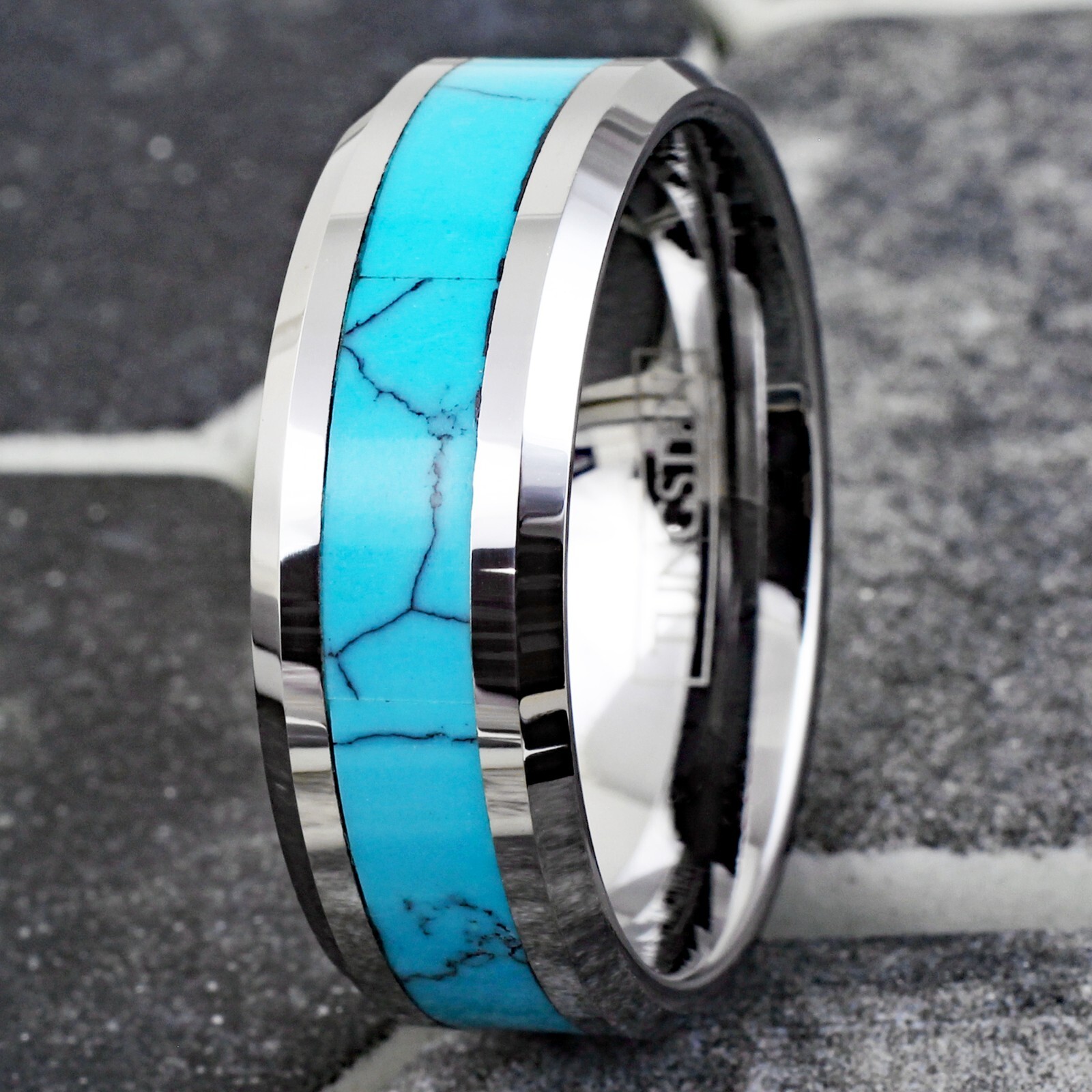 Tungsten Carbide Men's Turquoise Inlaid Comfort Fit Wedding Band Ring Size 5-13
