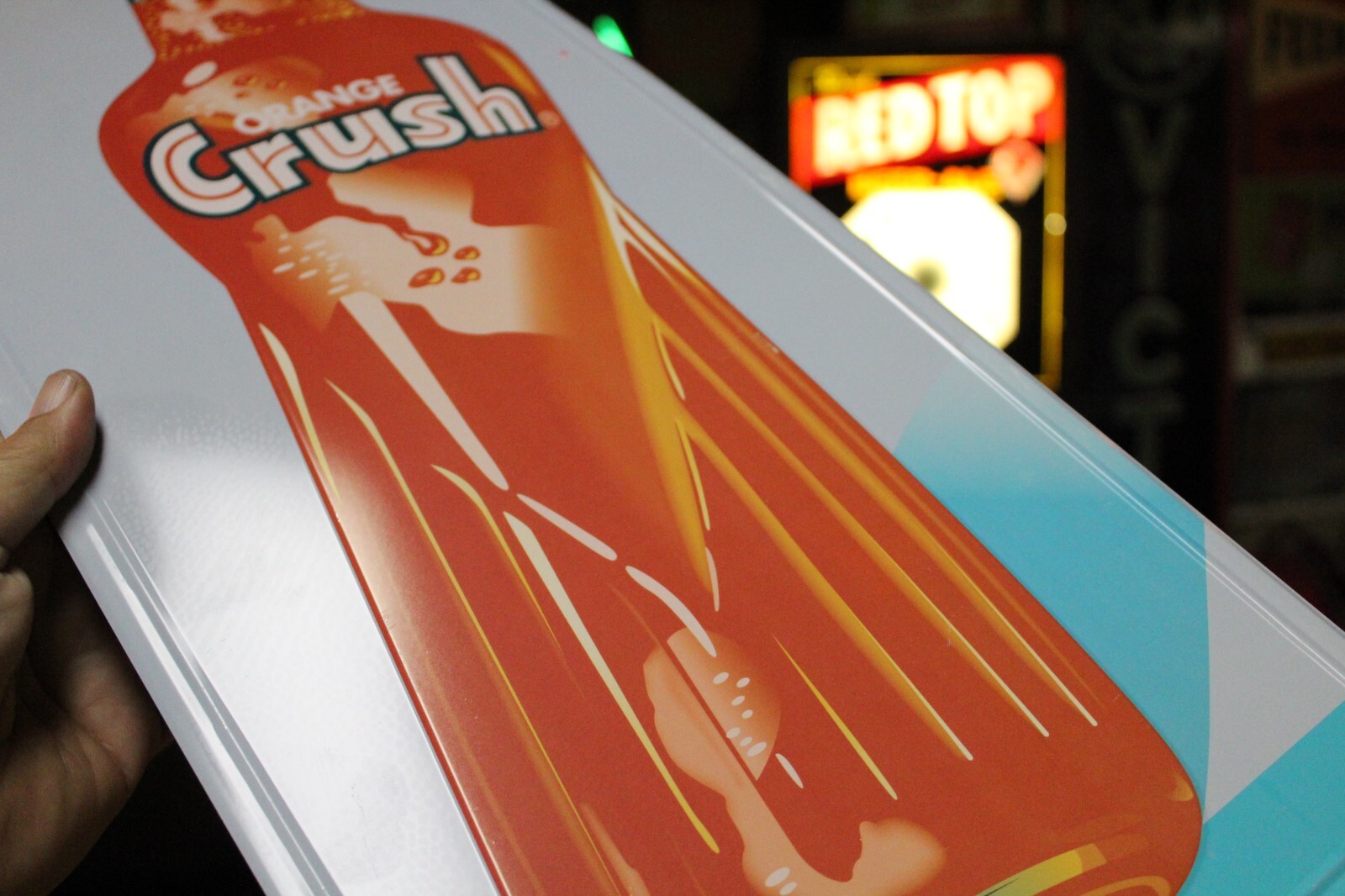 RARE ENJOY ORANGE CRUSH SODA POP VERTICAL EMBOSSED METAL SIGN BOTTLE STORE GAS