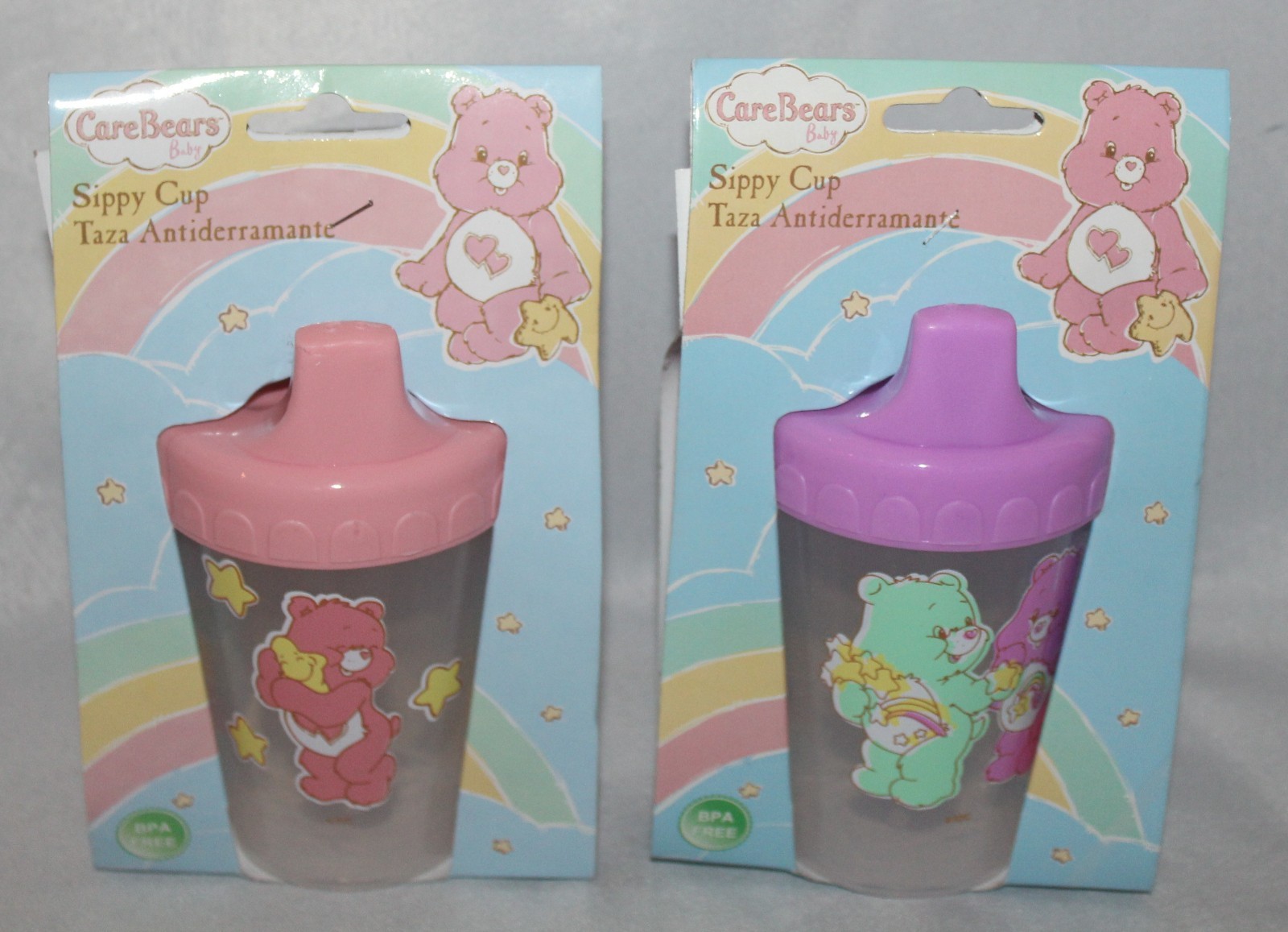 Lot of 2 Vintage 2008 American Greetings Care Bears Baby Sippy Cup Pink Purple