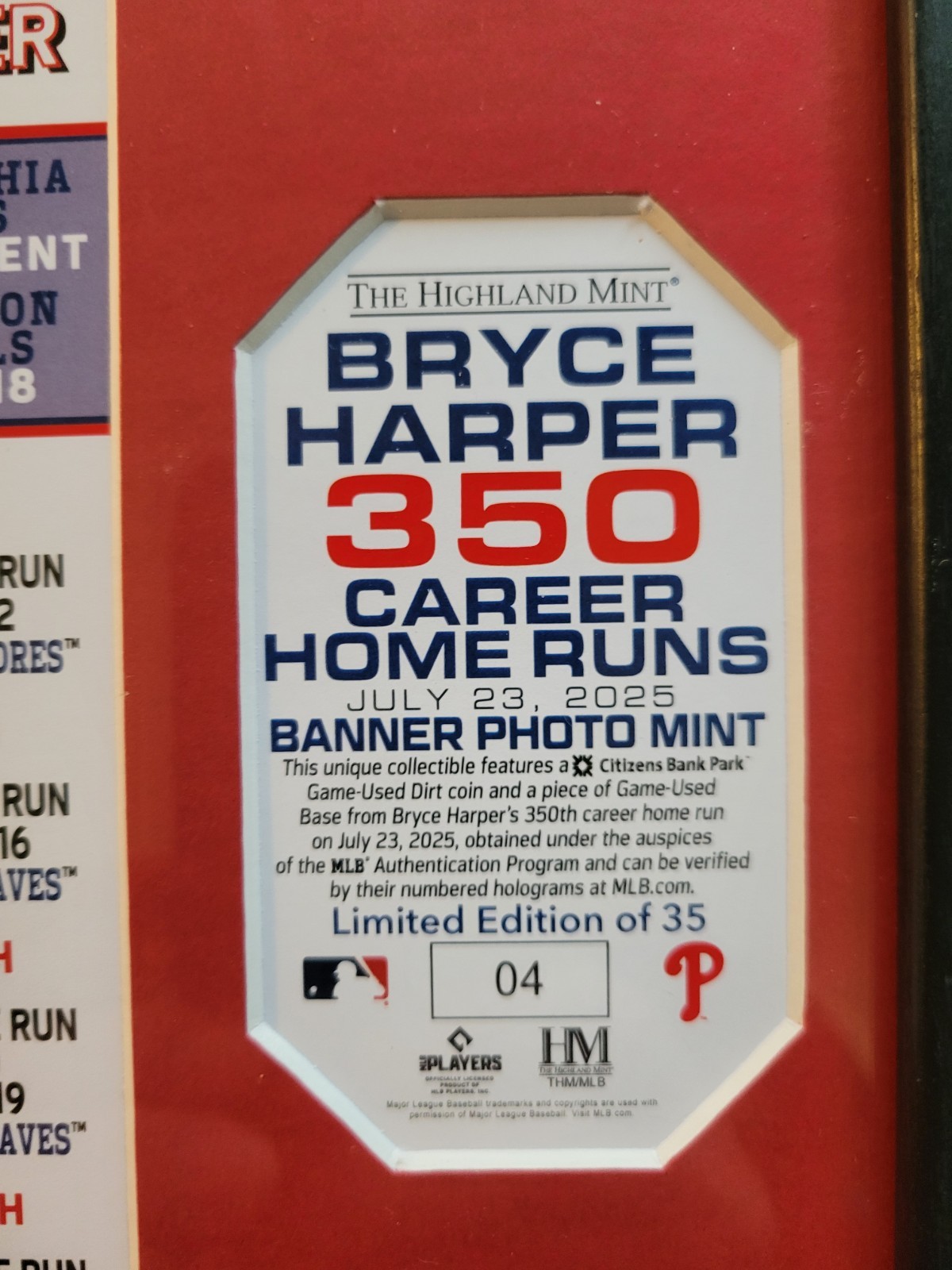 The Highland Mint Bryce Harper /35 350th Career Homerun Plaque 11"×14" Phillies