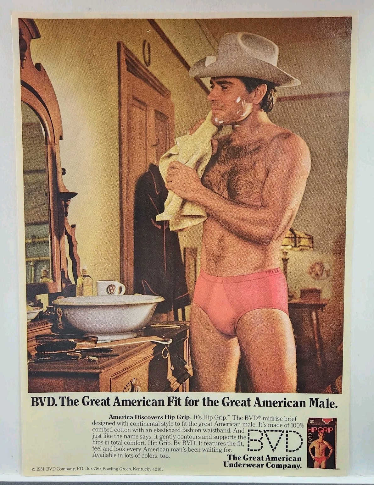 1981 BVD Mens Brief Beefcake Hairy Chest Underwear Original Print Ad Retro 80s