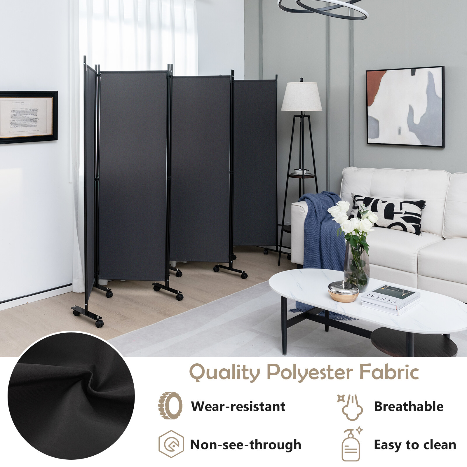 6-Panel Folding Room Divider 6FT Rolling Privacy Screen w/ Lockable Wheels Grey