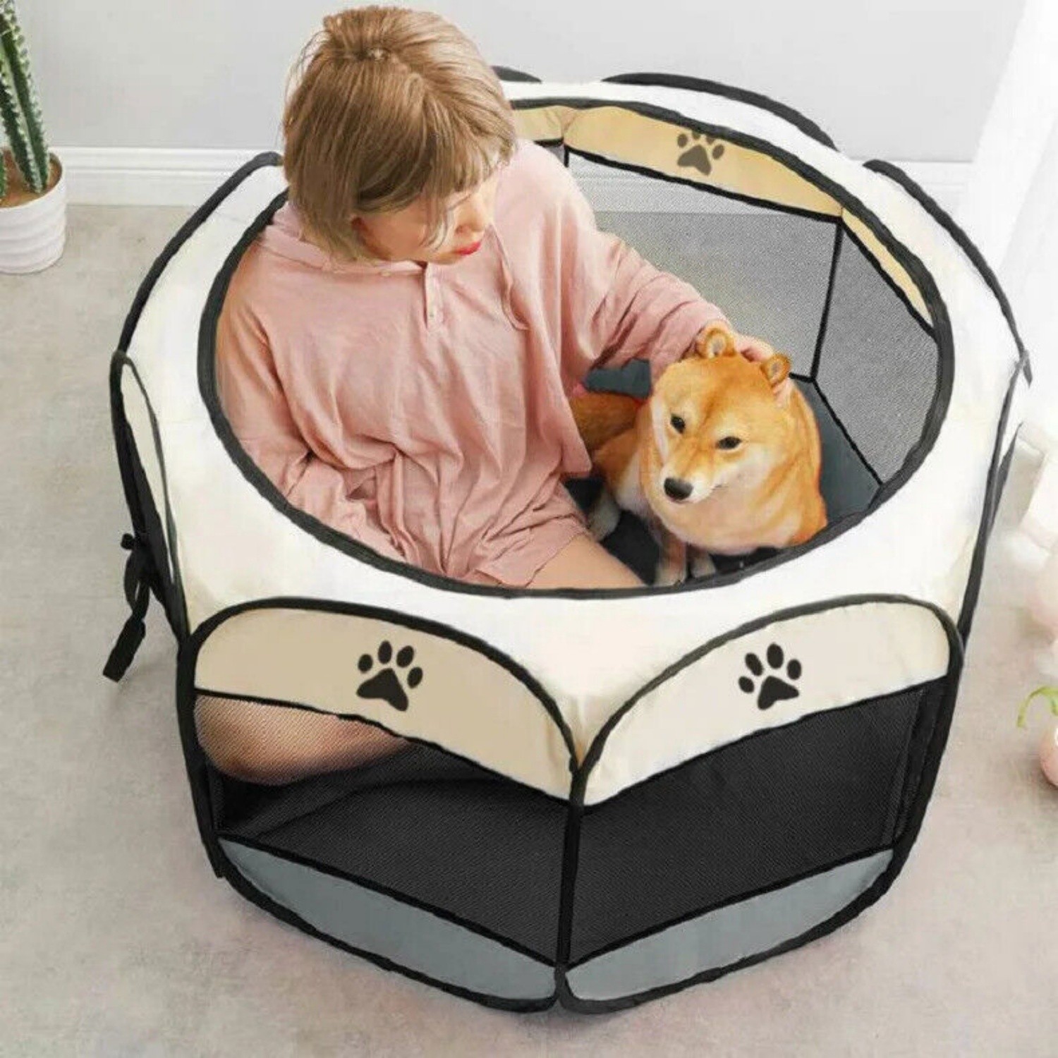 Portable Pet Playpen Dog Puppy Exercise Pen Foldable Indoor Outdoor w/ Mesh