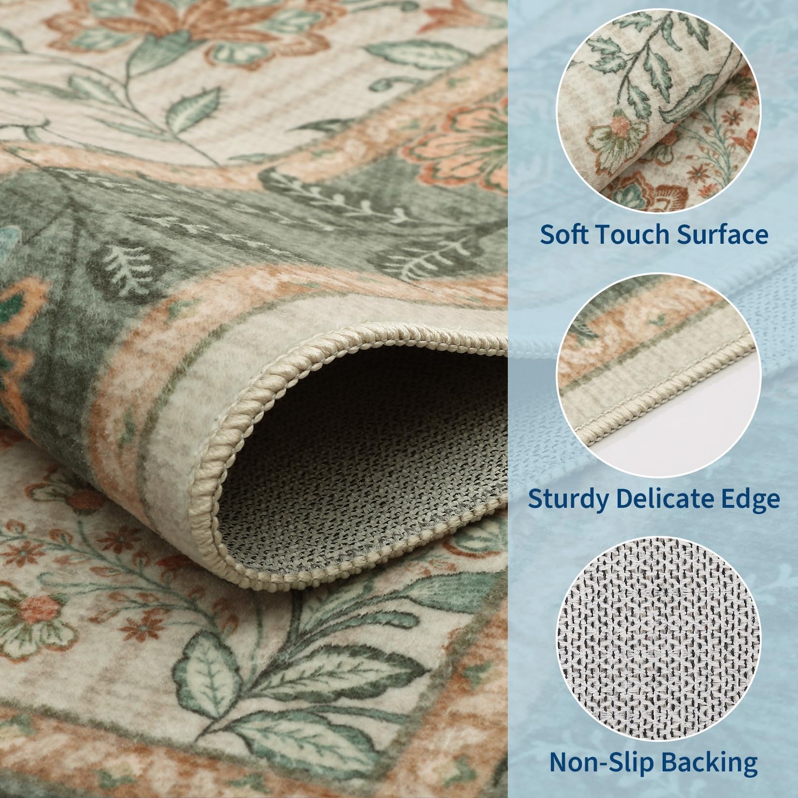 Area Rugs 8x10 for Living Room, Sage Green Large Washable Rug Botanical Soft ...