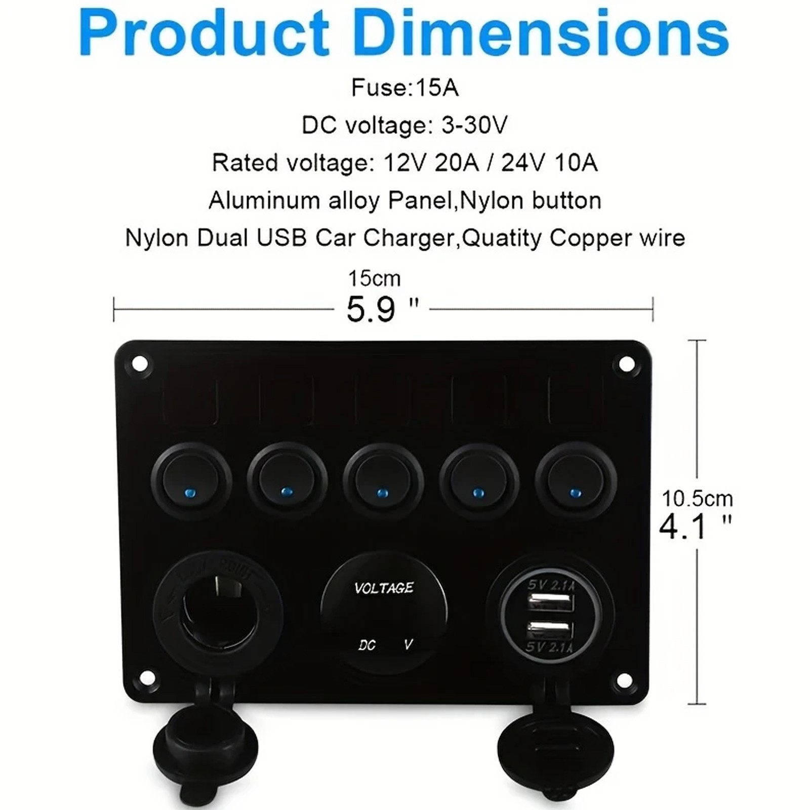 5-Switch 12V Electrical Panel - Voltmeter, Dual USB for RV, Truck & Boat