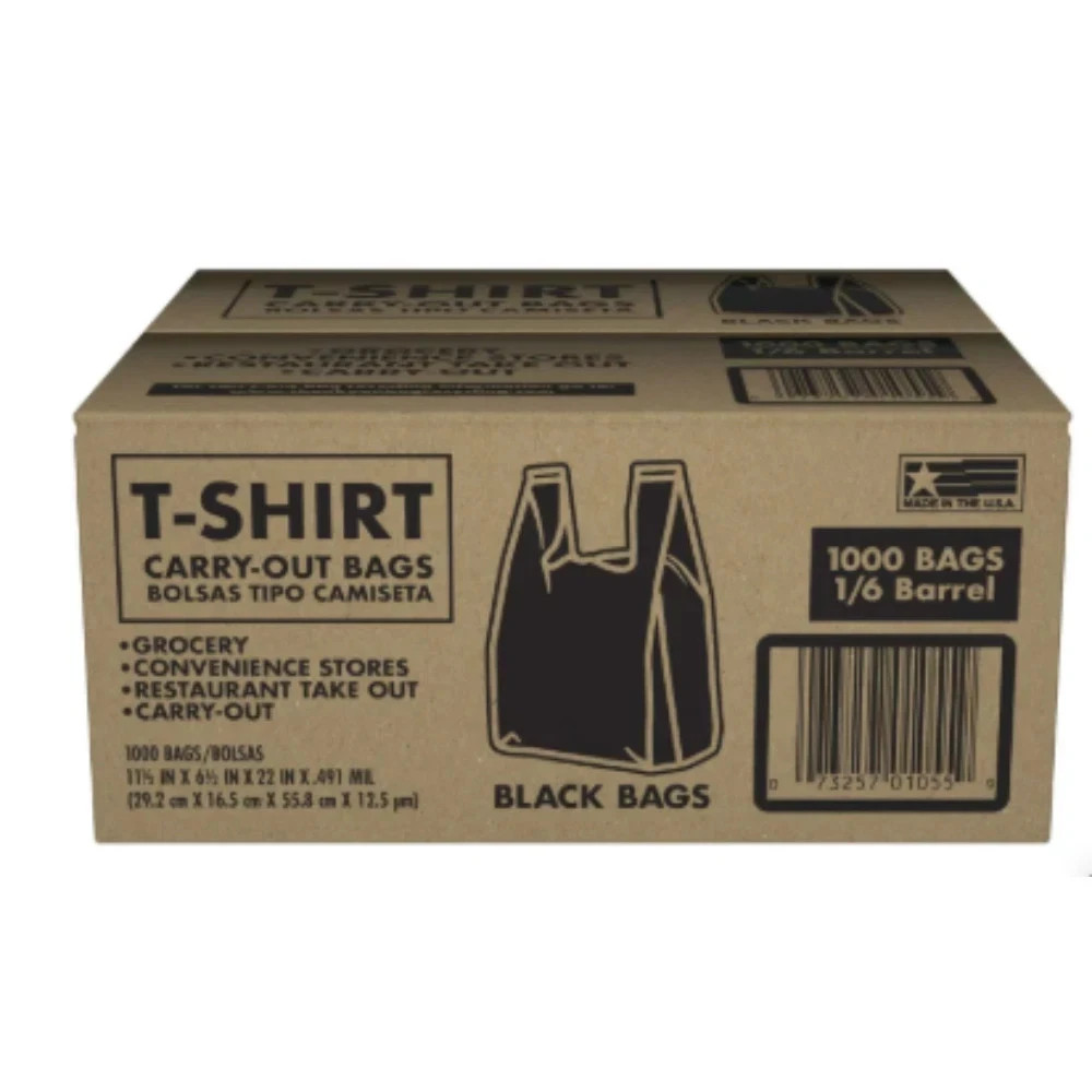 Black T-Shirt Carryout Bags, 11.5" x 6.5" x 22" 1000 ct. Free Shipping