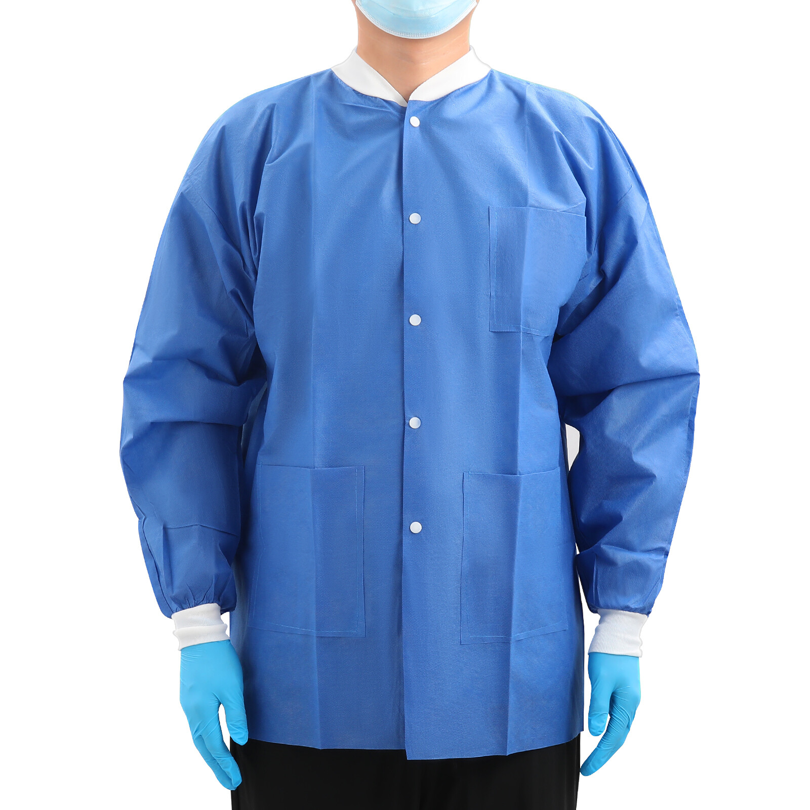 PLUS SMS Medical Dental Disposable Lab Coat Gown w/3 Pockets Knit Cuffs 50PCS