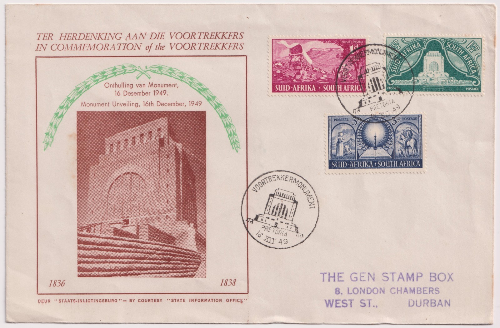 1949 South Africa Voortrekker Monument FDC Pretoria Postmark Gen Stamp Box