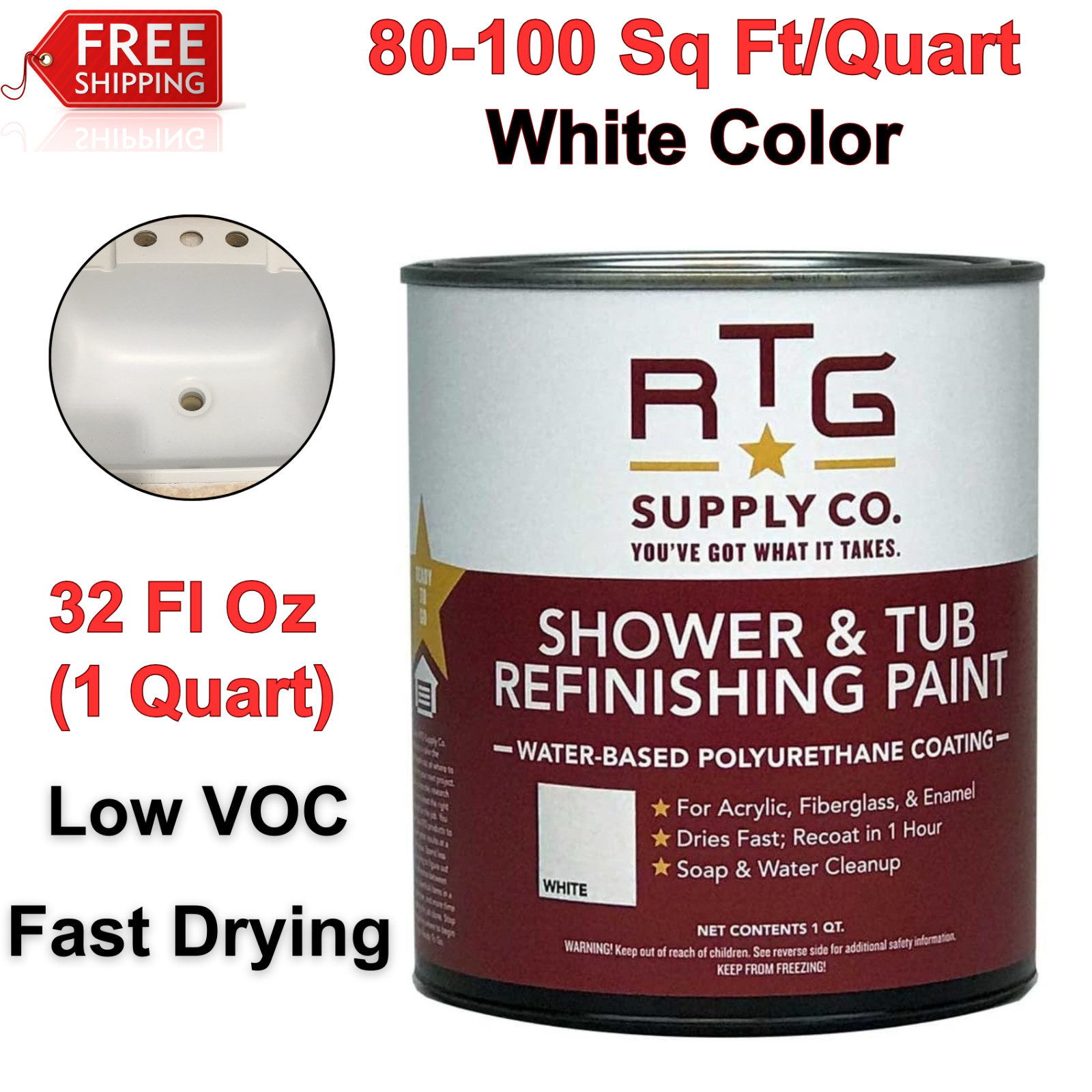 RTG Shower & Tub Refinishing Paint, 1 Qt, White Colors Scratch Resistant