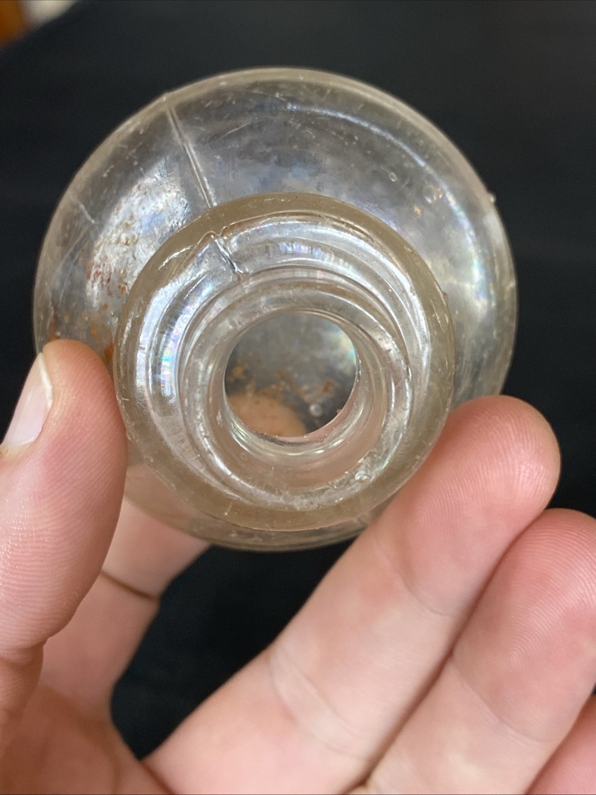 Antique Iridescent Clear Sheered Lip Cone Ring Shoulder 19th C Ink Well Bottle
