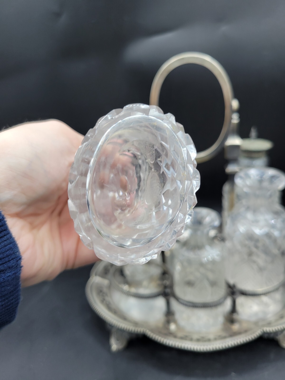 antique 1800's ornate cut crystal silver plate cruet condiment set caddy