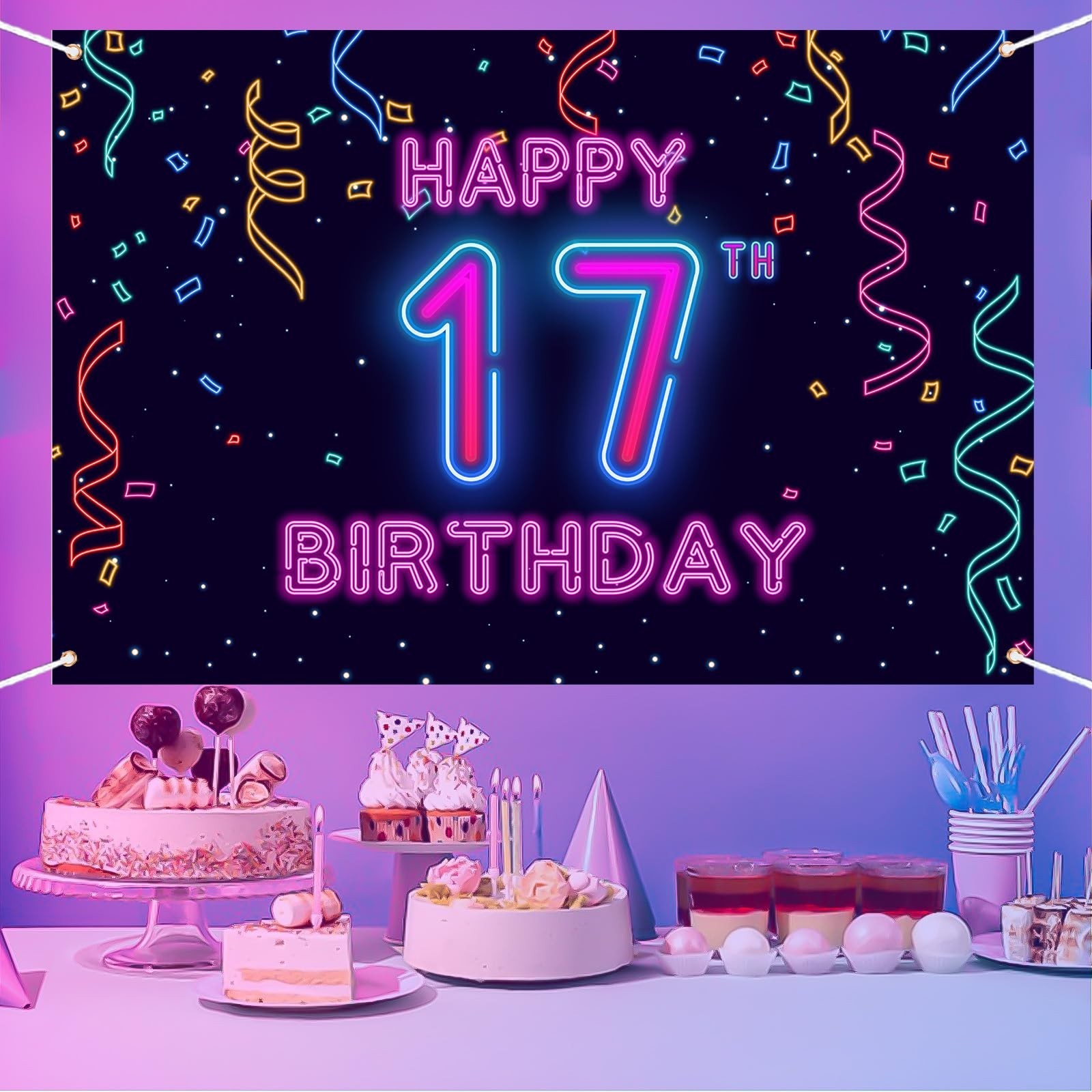 17th Neon Birthday Banner Backdrop, 17 Years Birthday Party Banner Let Glow P...
