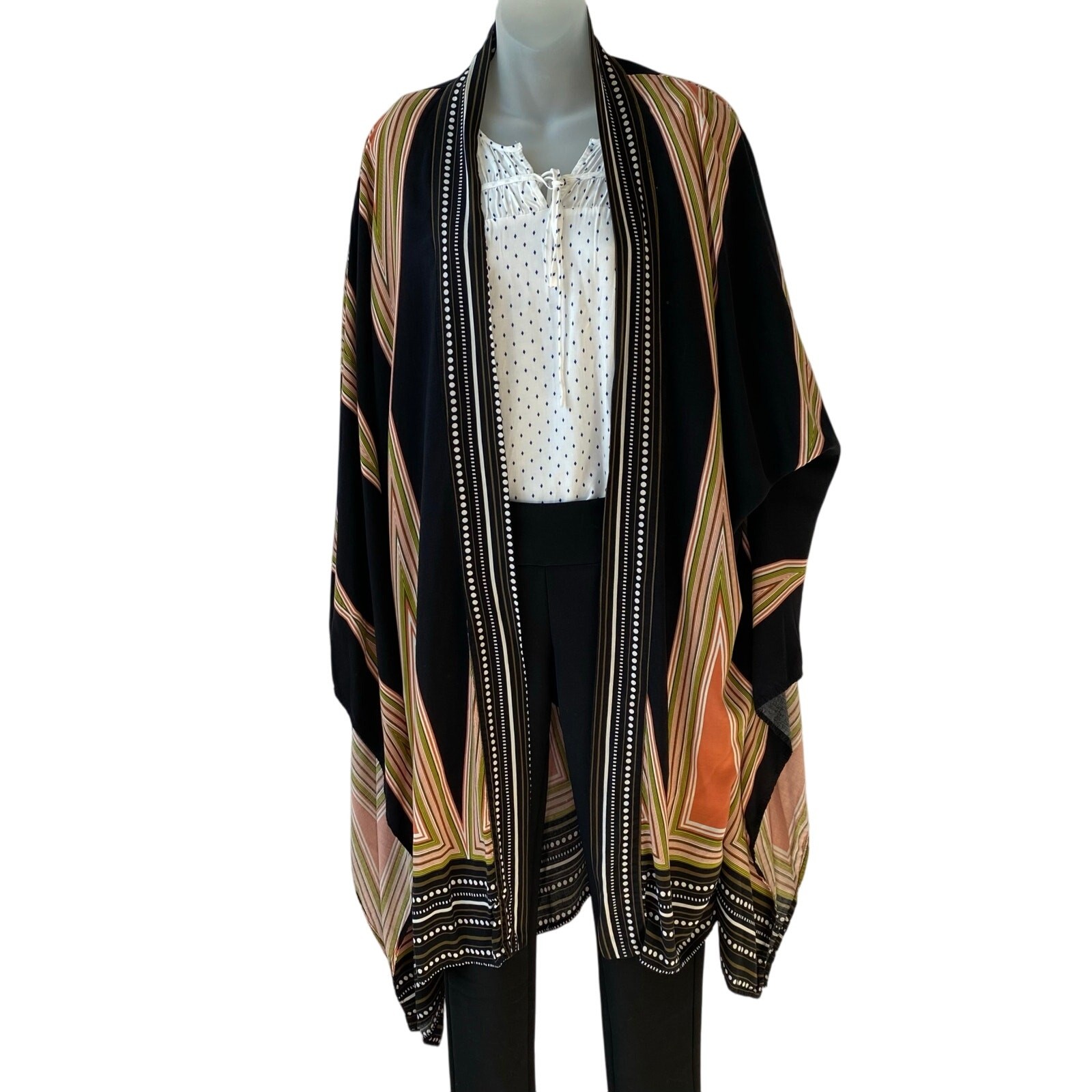 Boho Southwest Kimono Wrap Cardigan Women Size L Black Tan Geometric Gypsy Goth