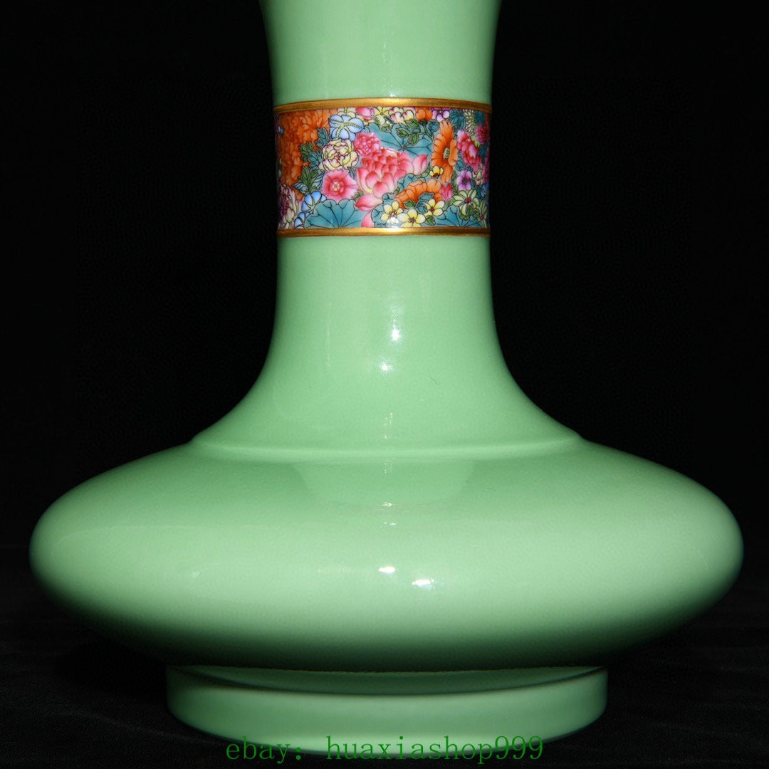 9.2"Old Green Glaze Famille Rose Porcelain Gilt Flower Pattern Bottle Vase