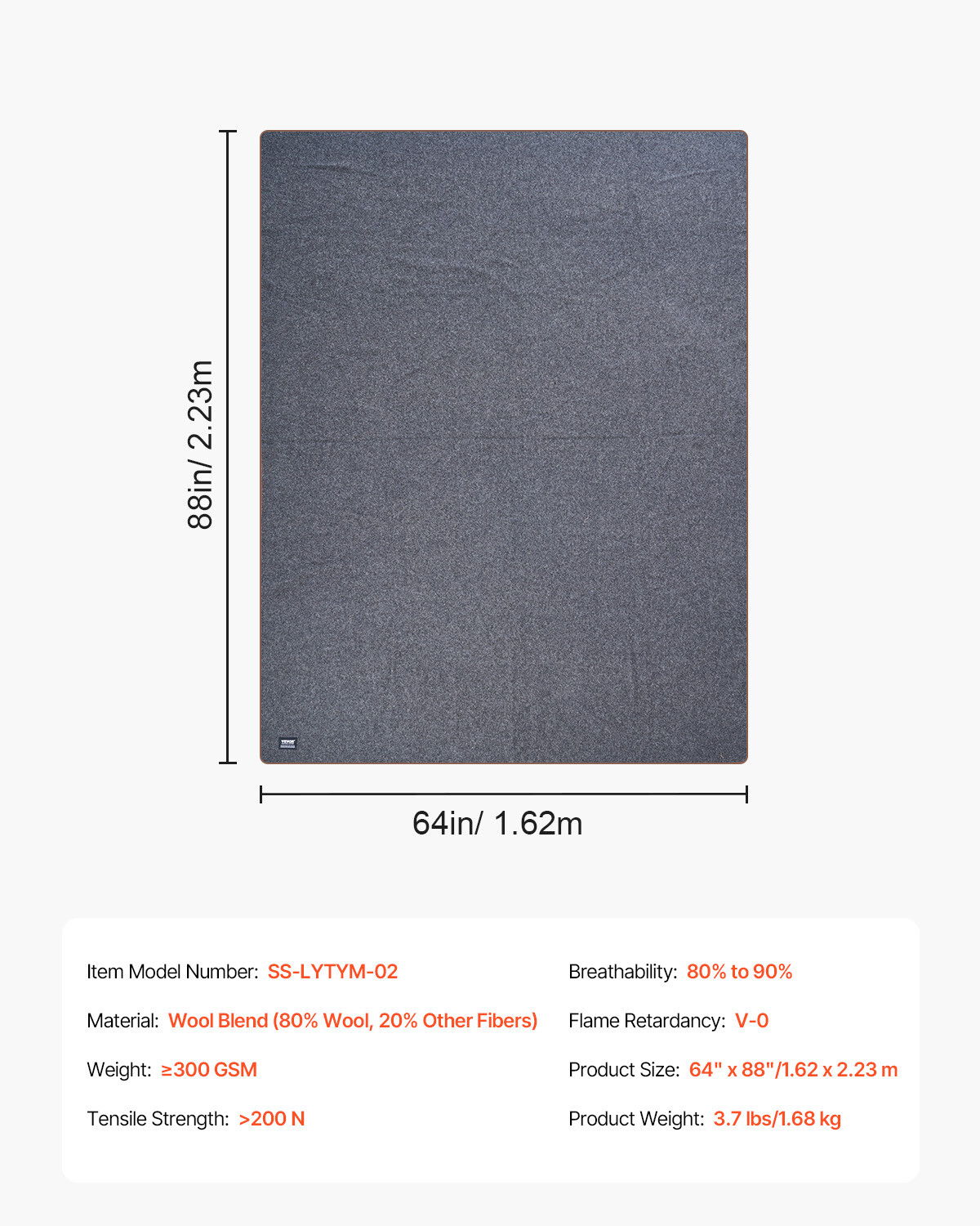 Wool Camping Blanket 64" x 88" Warm for Camping Hiking Travel Light Grey