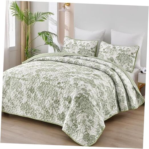 Botanical Quilt Set 3 Pieces Toile Floral Plants Printed King Sage Green
