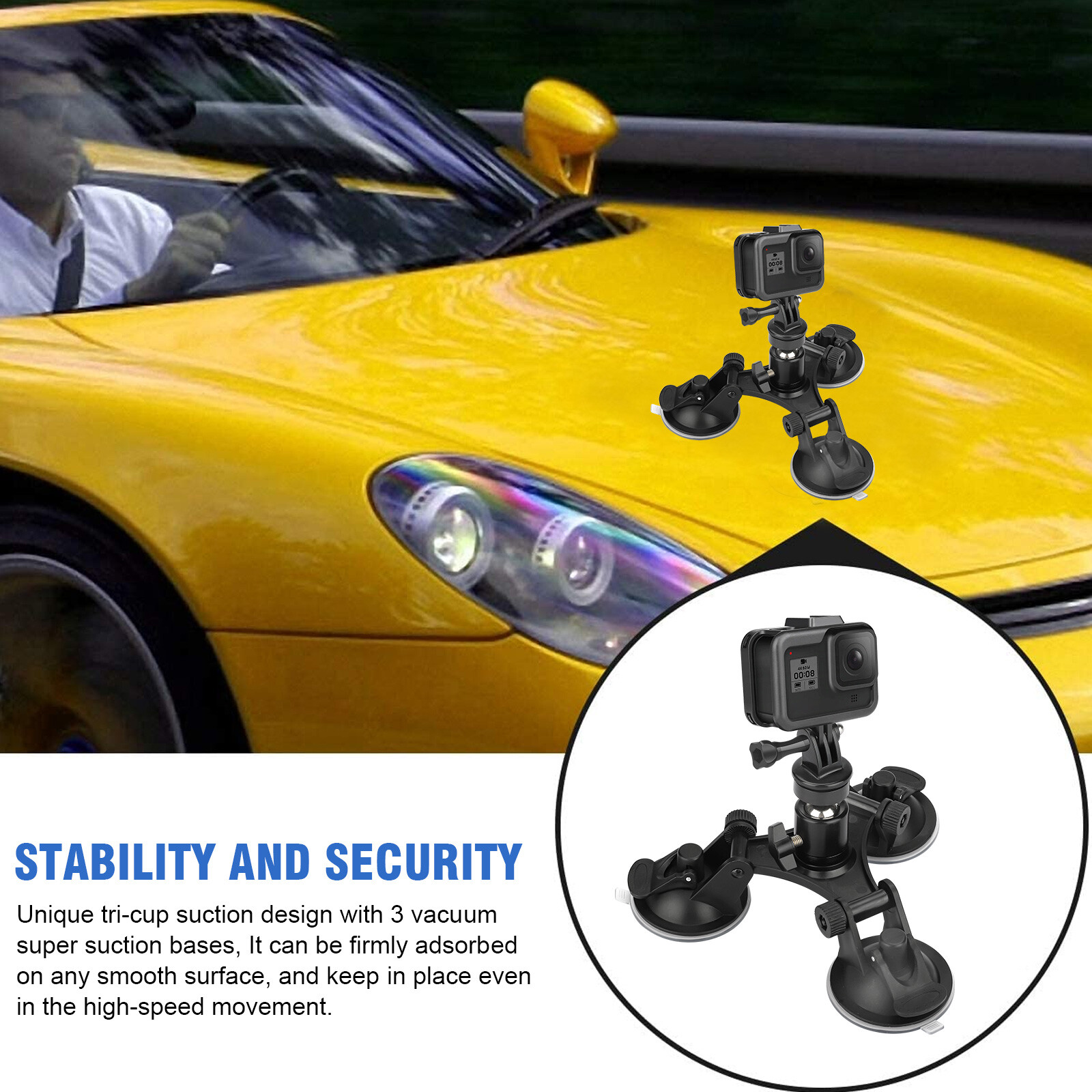 Car Mount Holder for GoPro Sony DJI OSMO Action Camera Triple Suction Cup Stand