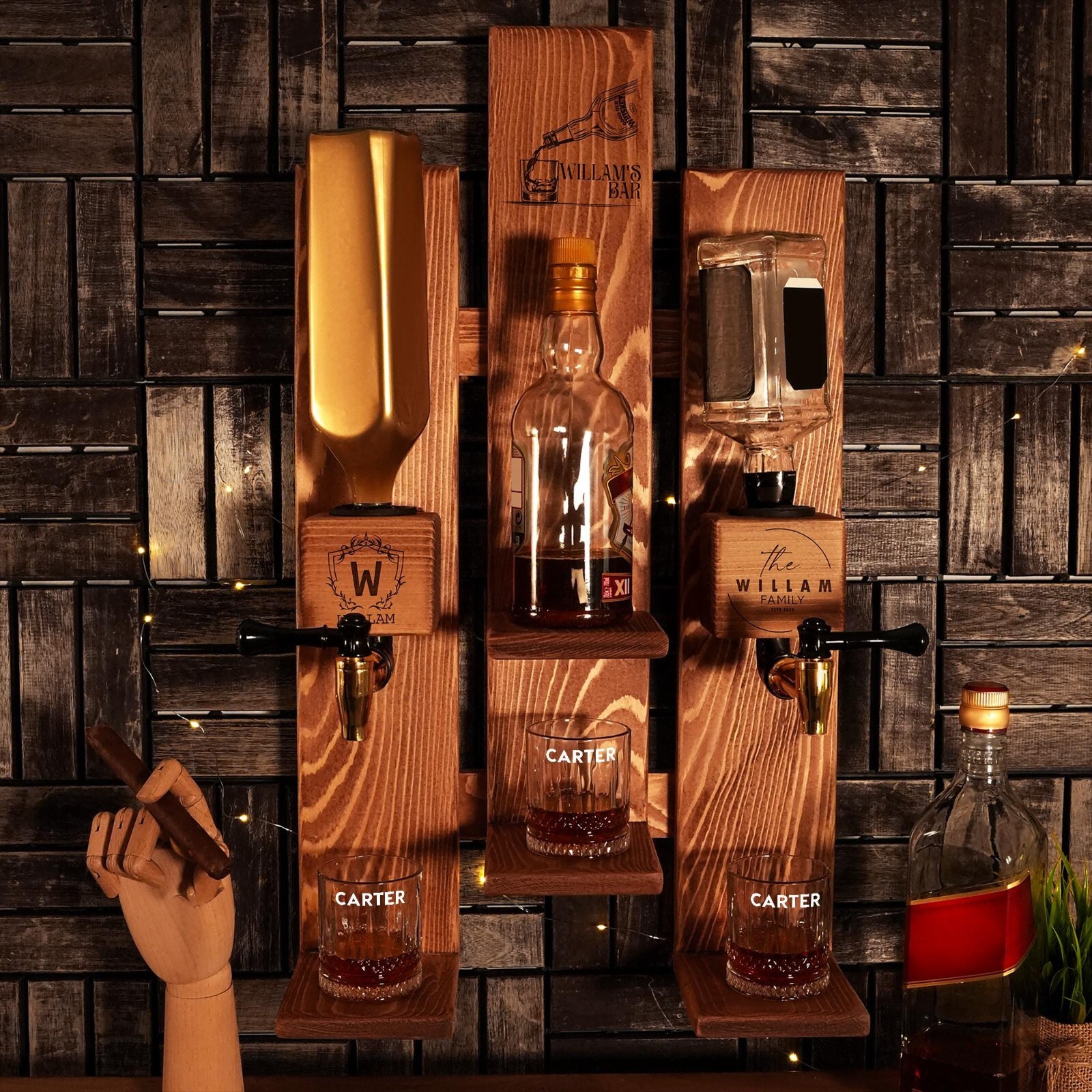 Wall Mounted Whiskey Tap Dispenser, Triple Bottle Bar Rack, Custom Wooden Stand