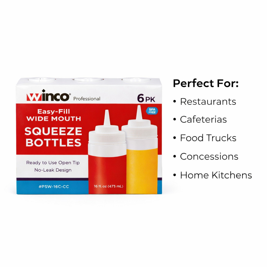 Winco 16oz Clear Wide Mouth Squeeze Bottles PSW-16C-CC BPA Free (6-36 Ct)