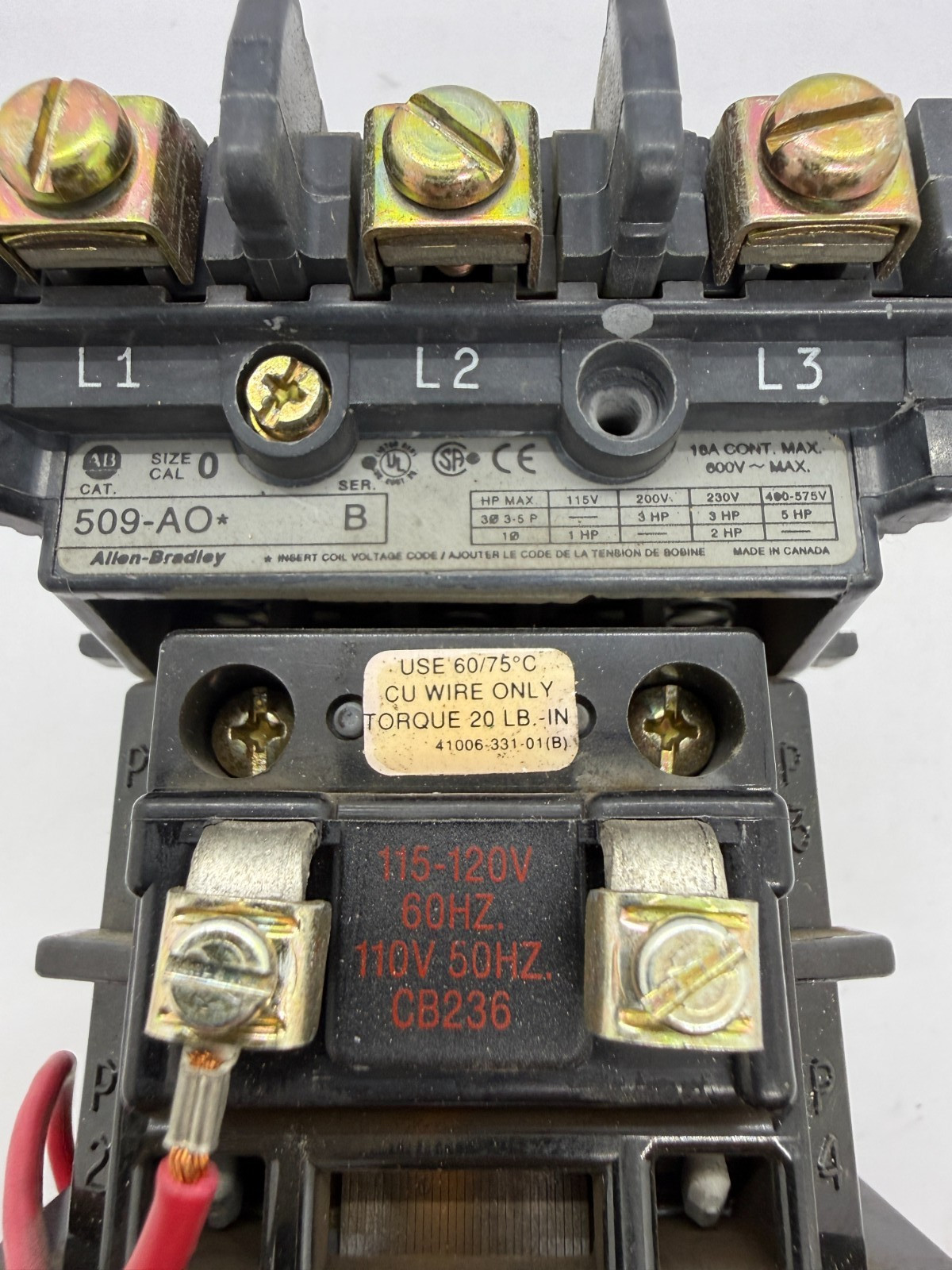 509-AOD Allen-Bradley Motor Starter Contactor 5 HP 600 VAC 18 amps. Size 0 (Z2)